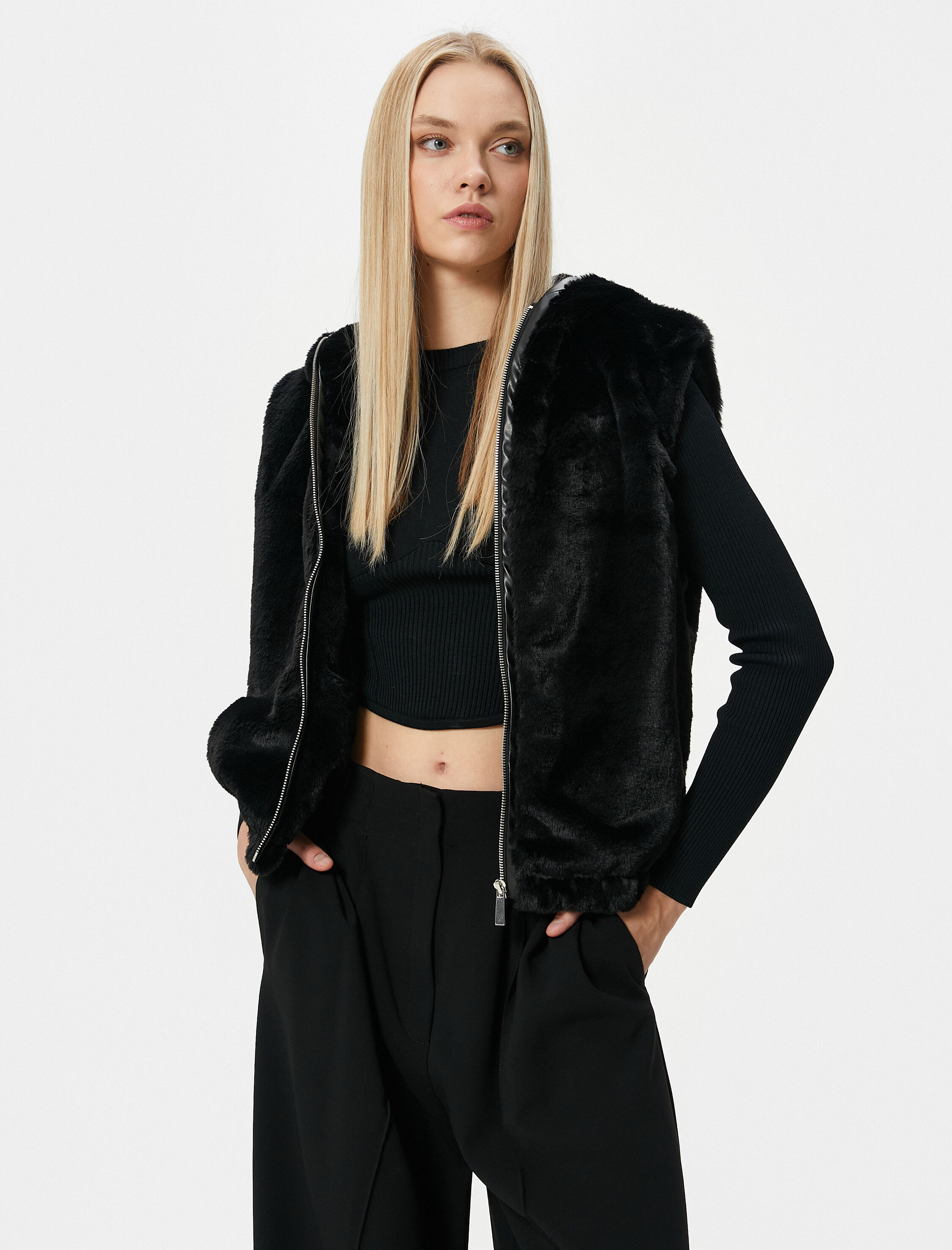   Peluş Yelek Fermuarlı Kapüşonlu