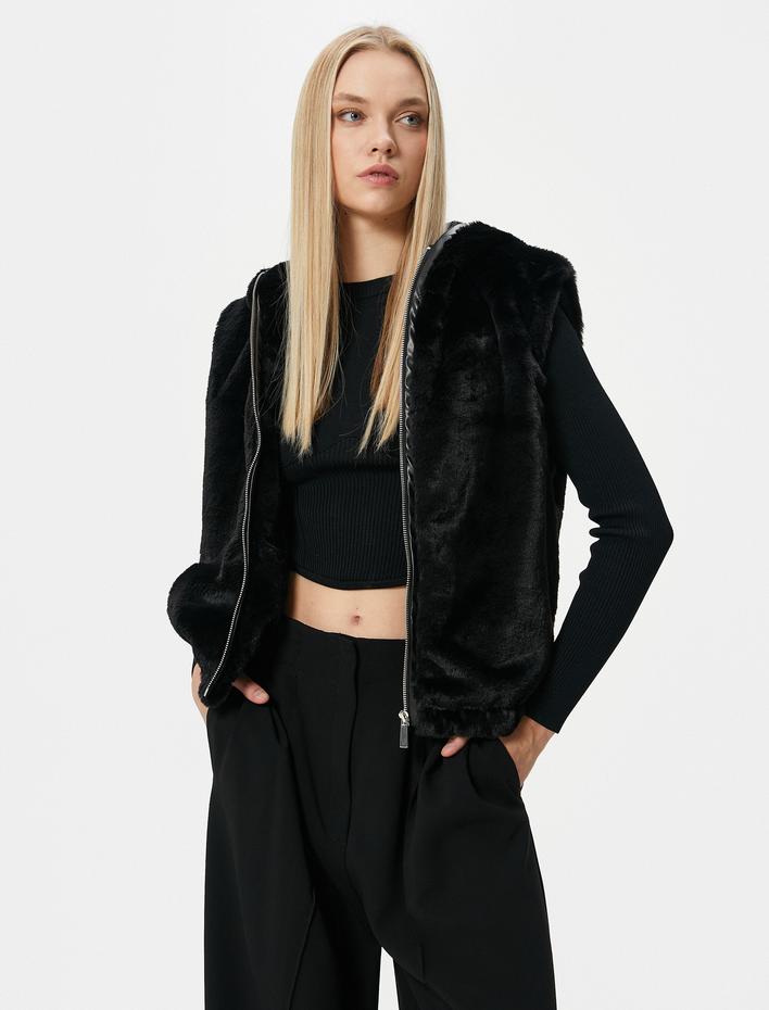  Peluş Yelek Fermuarlı Kapüşonlu