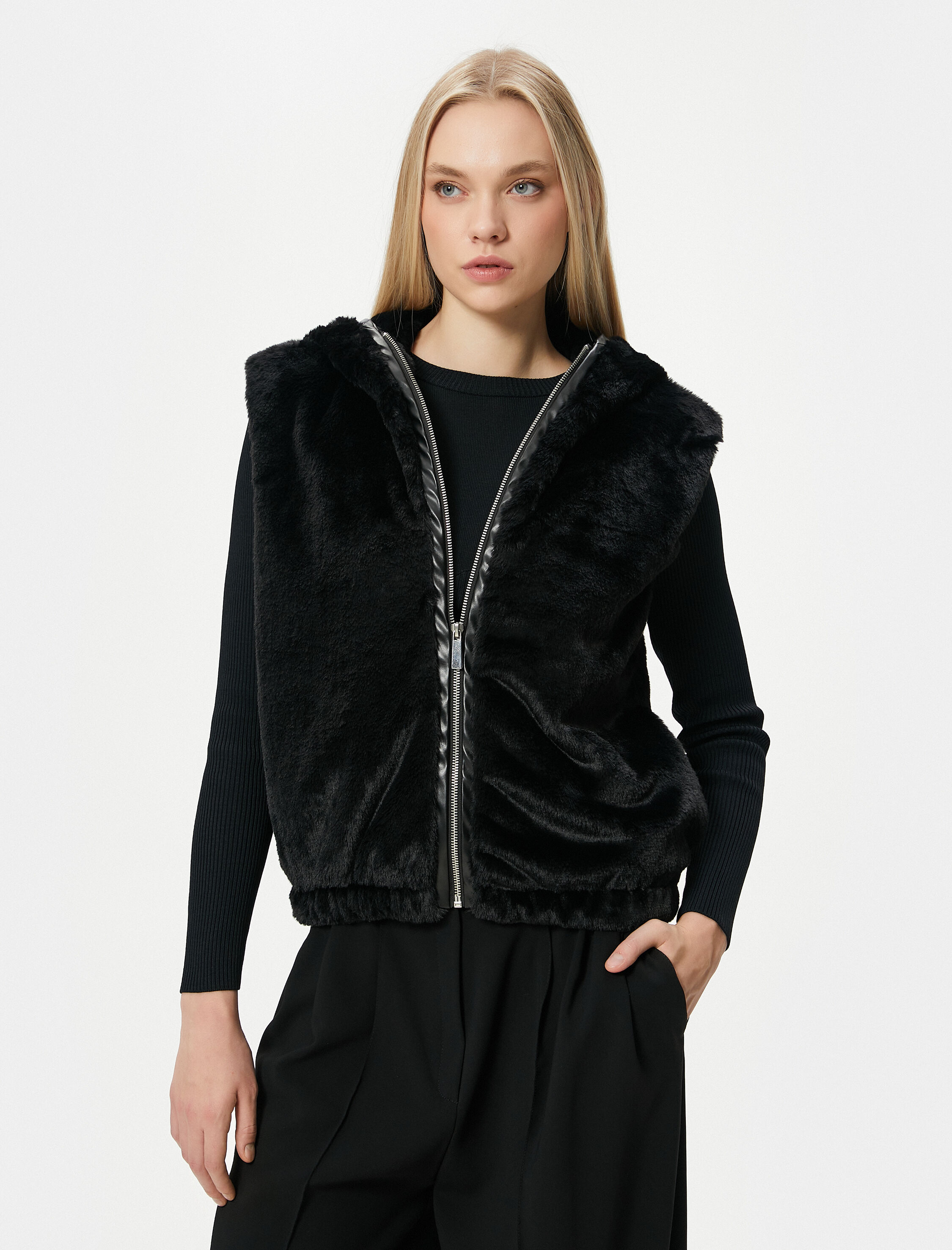   Peluş Yelek Fermuarlı Kapüşonlu