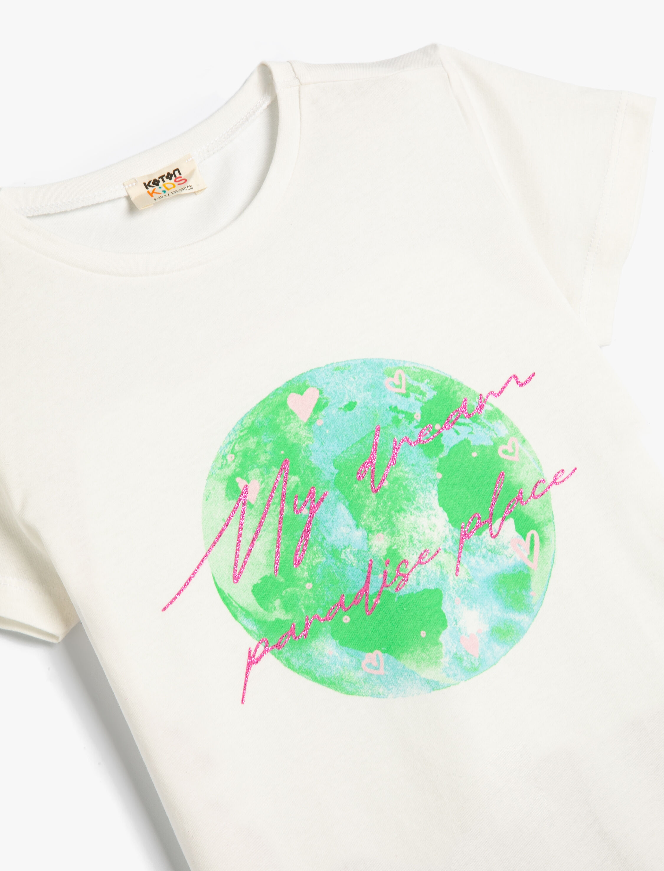  Kız Çocuk Tişört Baskı Detaylı Kısa Kollu Bisiklet Yaka Pamuklu