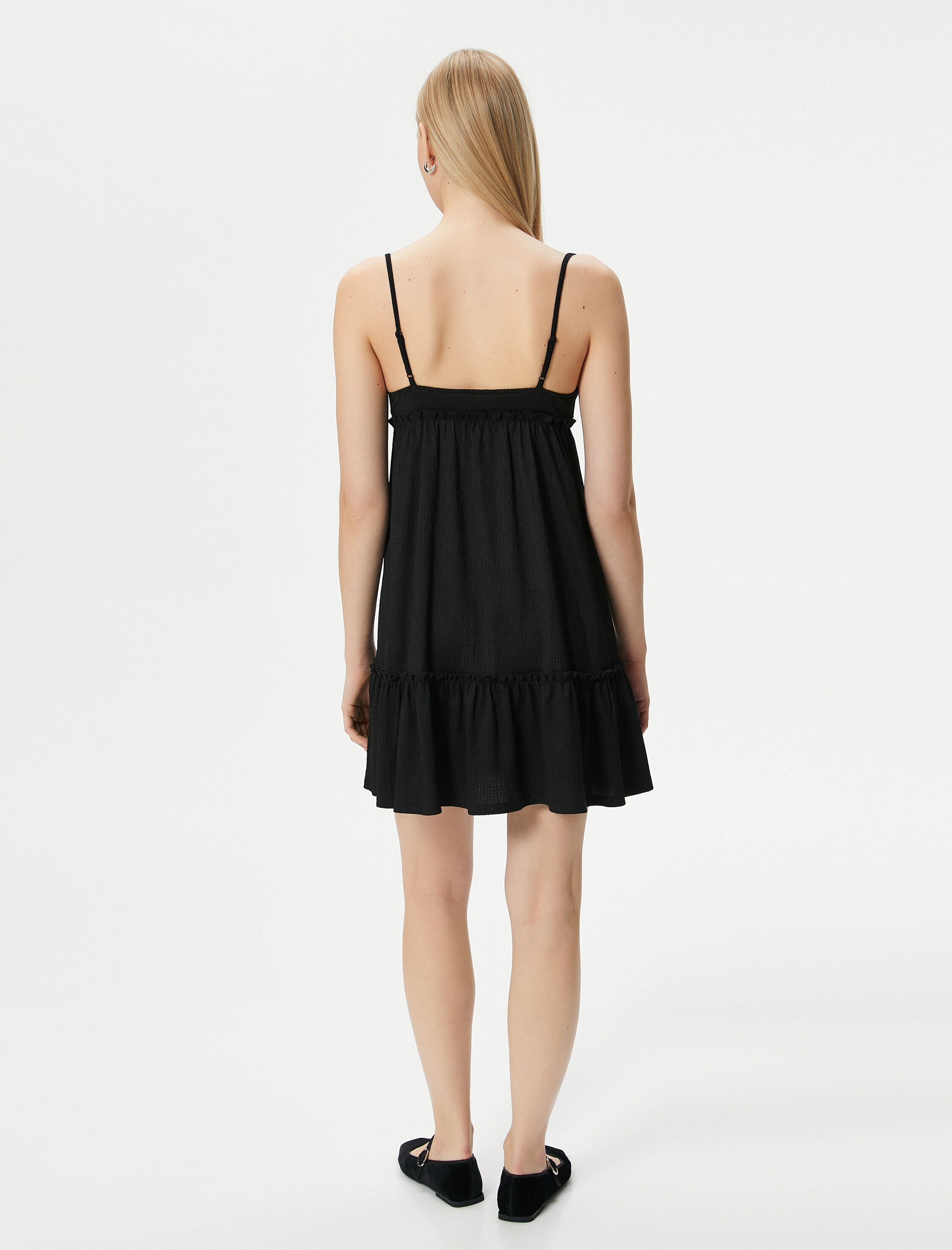   Mini Askılı Elbise Volanlı