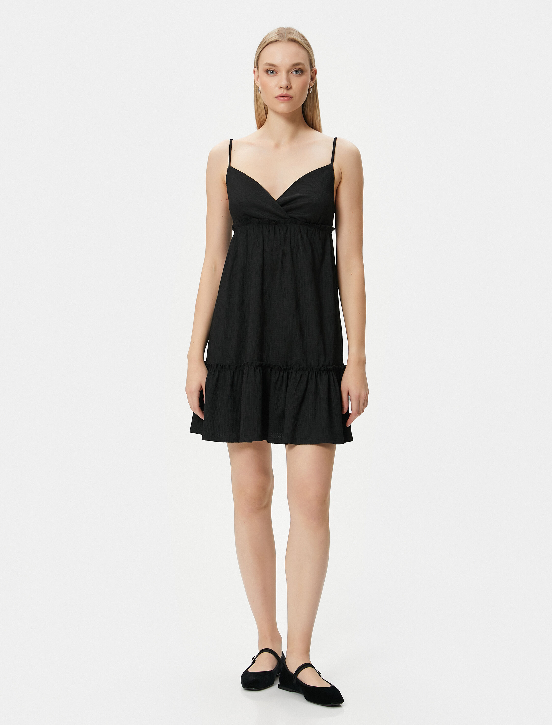   Mini Askılı Elbise Volanlı