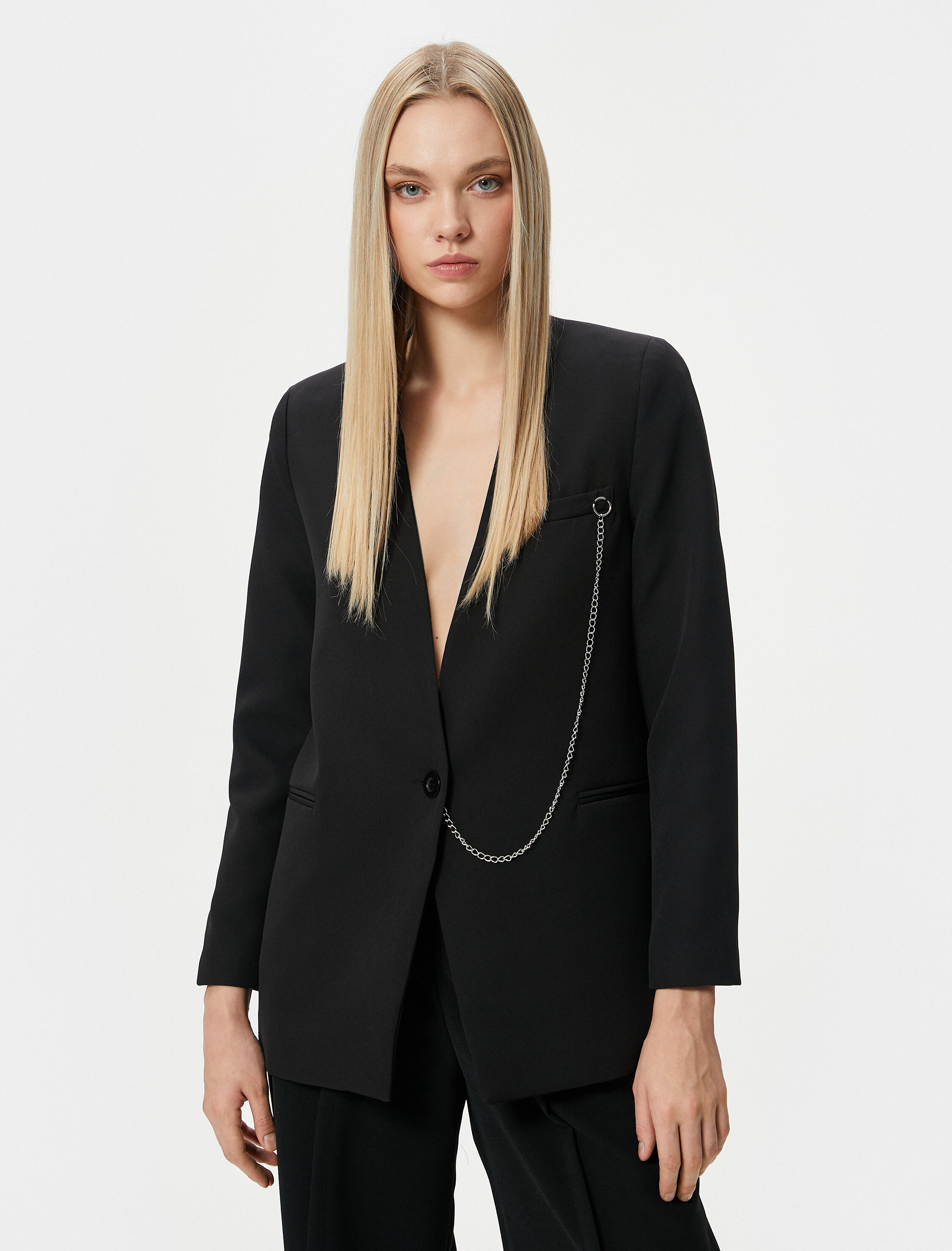   Blazer Ceket Tek Düğmeli Fleto Cepli Zincirli