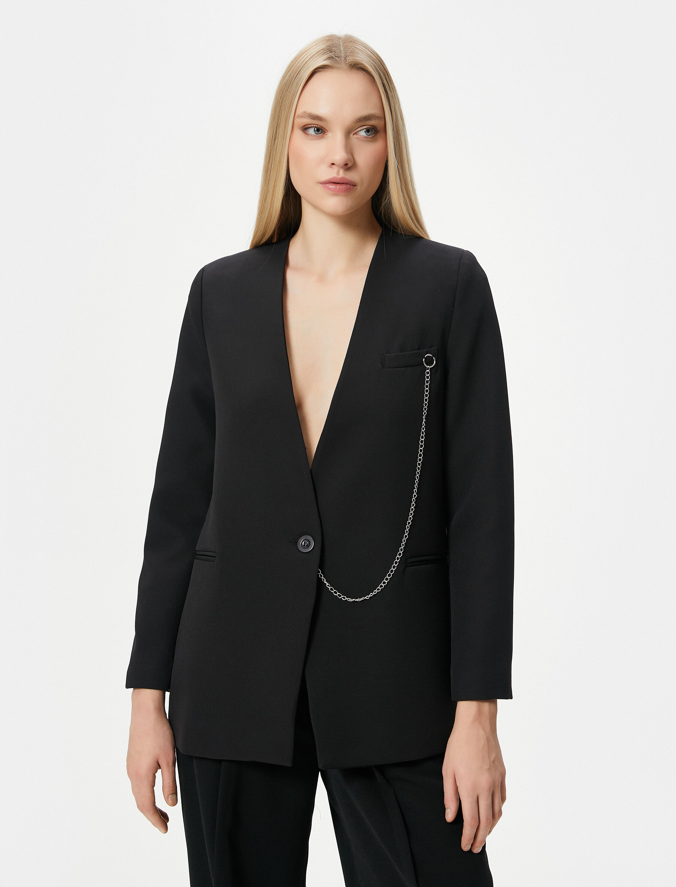   Blazer Ceket Tek Düğmeli Fleto Cepli Zincirli