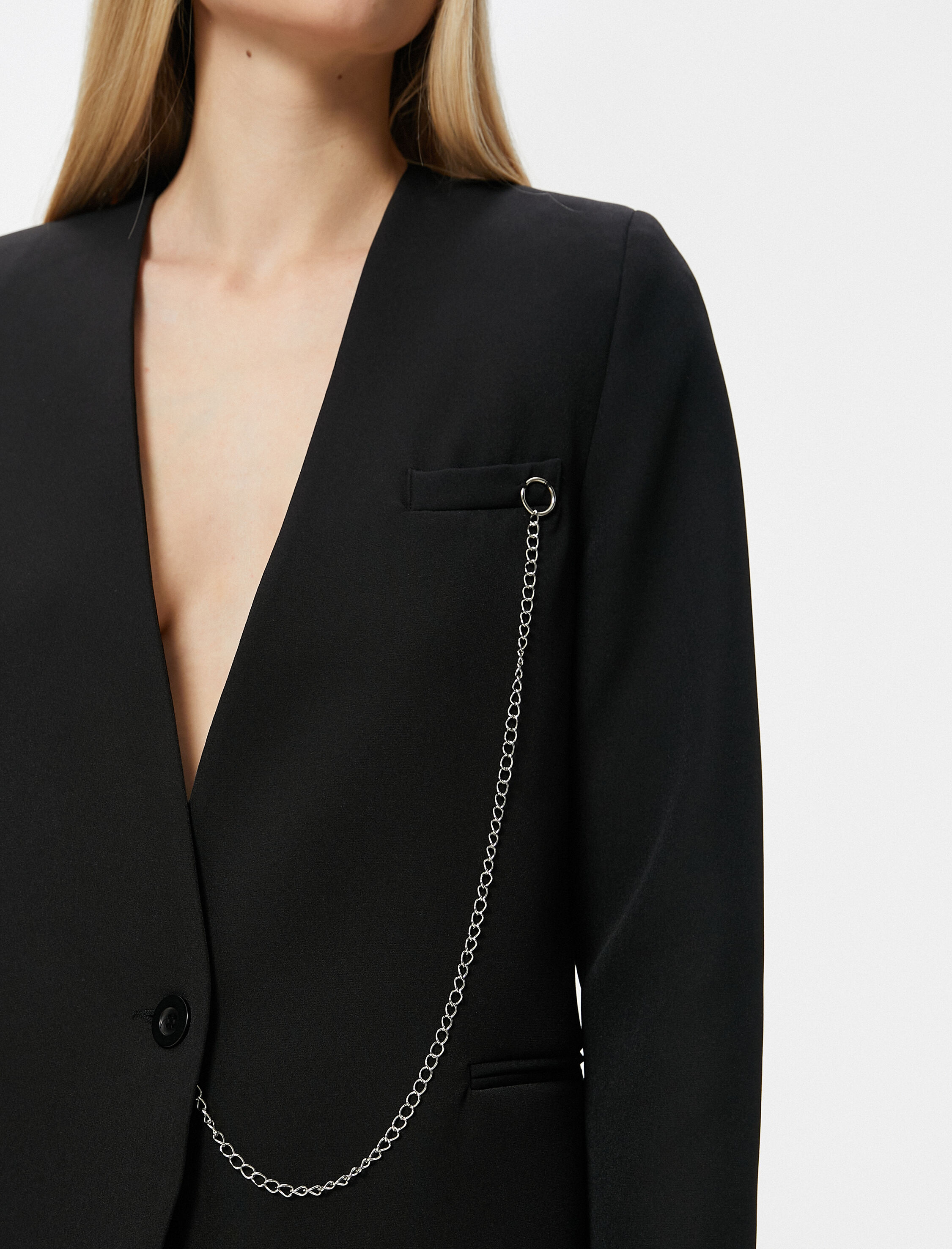   Blazer Ceket Tek Düğmeli Fleto Cepli Zincirli
