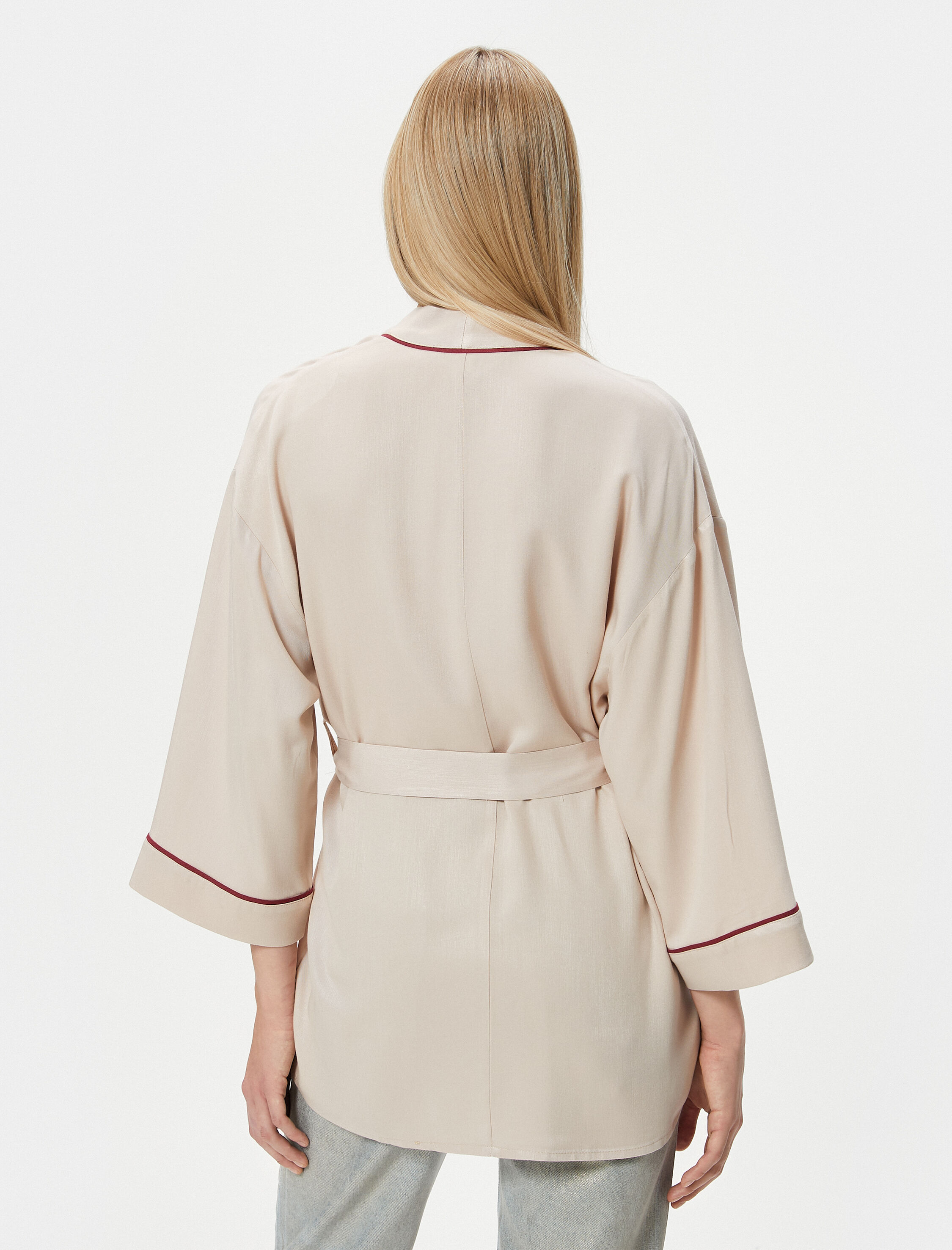   Oversize Kimono Beli Kuşaklı Şeritli Viskon