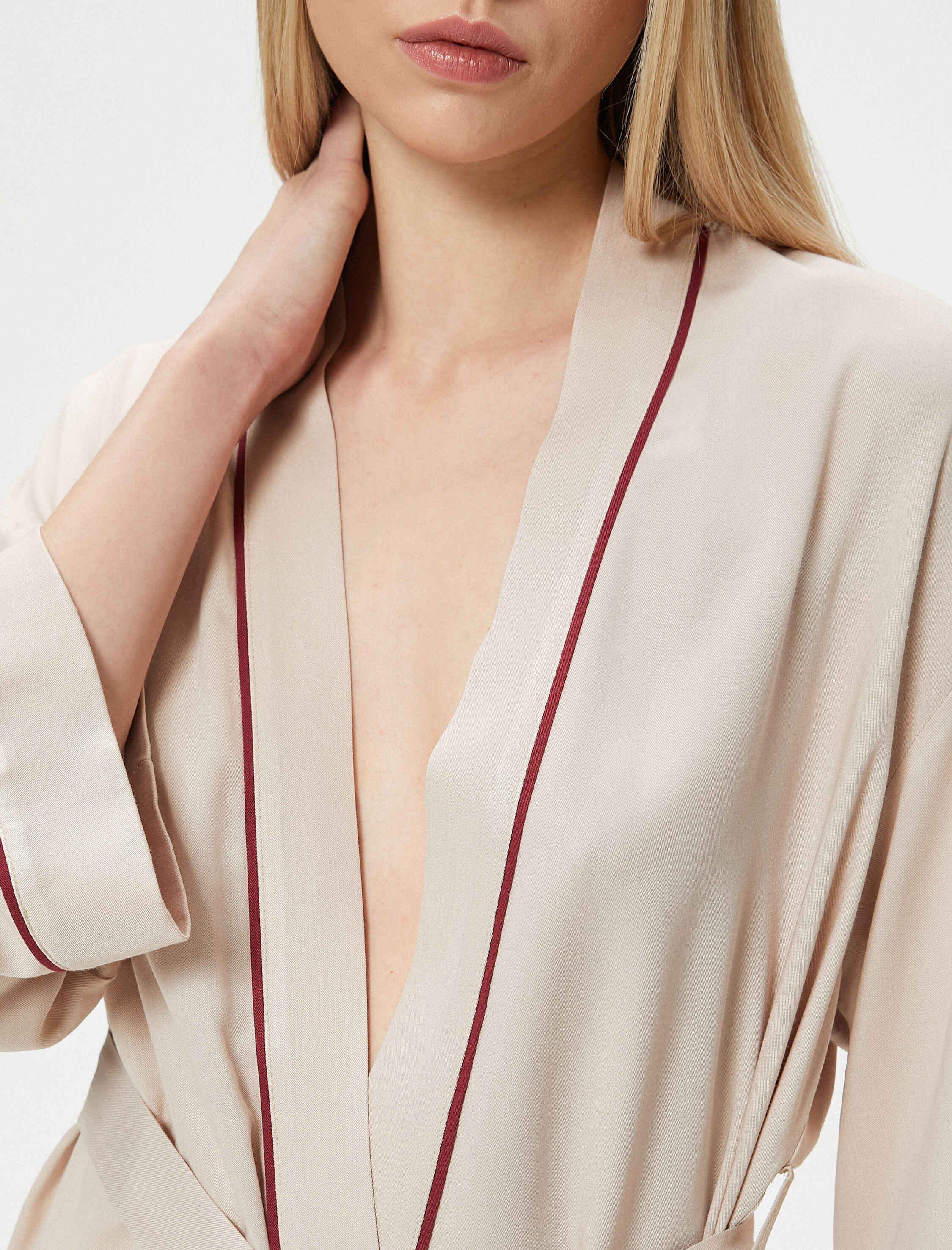   Oversize Kimono Beli Kuşaklı Şeritli Viskon