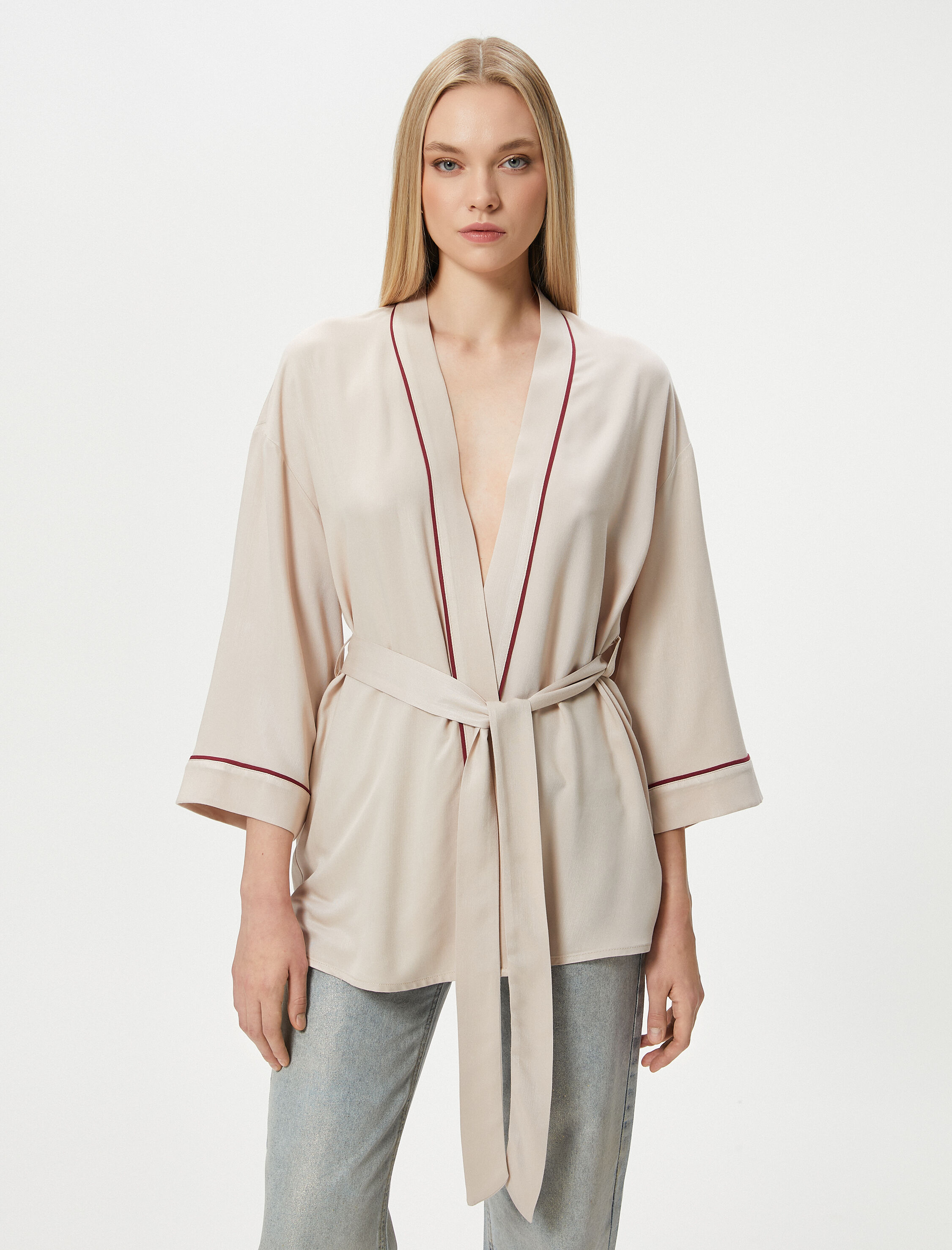   Oversize Kimono Beli Kuşaklı Şeritli Viskon