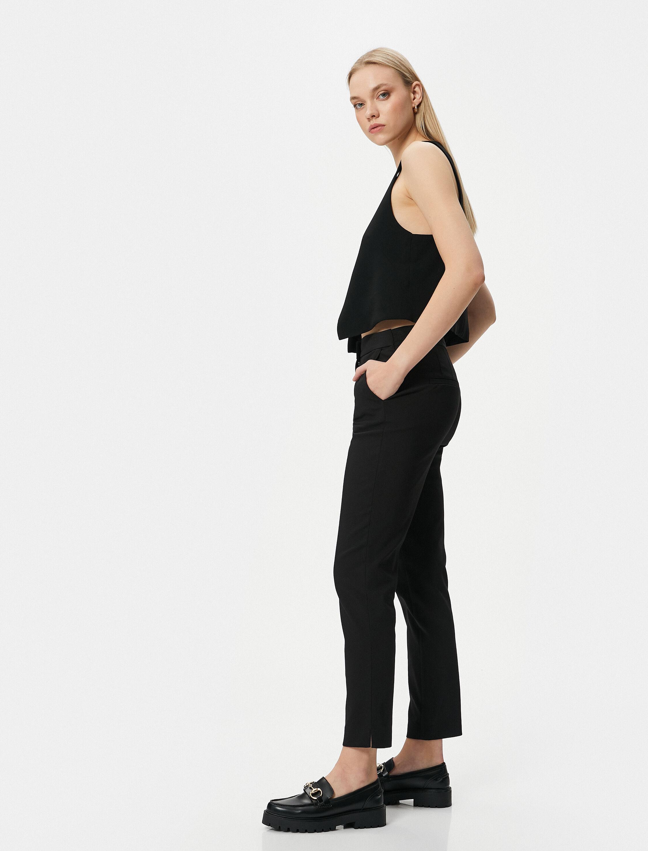   Kumaş Cigarette Pantolon Slim Fit Cep Detaylı Yüksek Bel