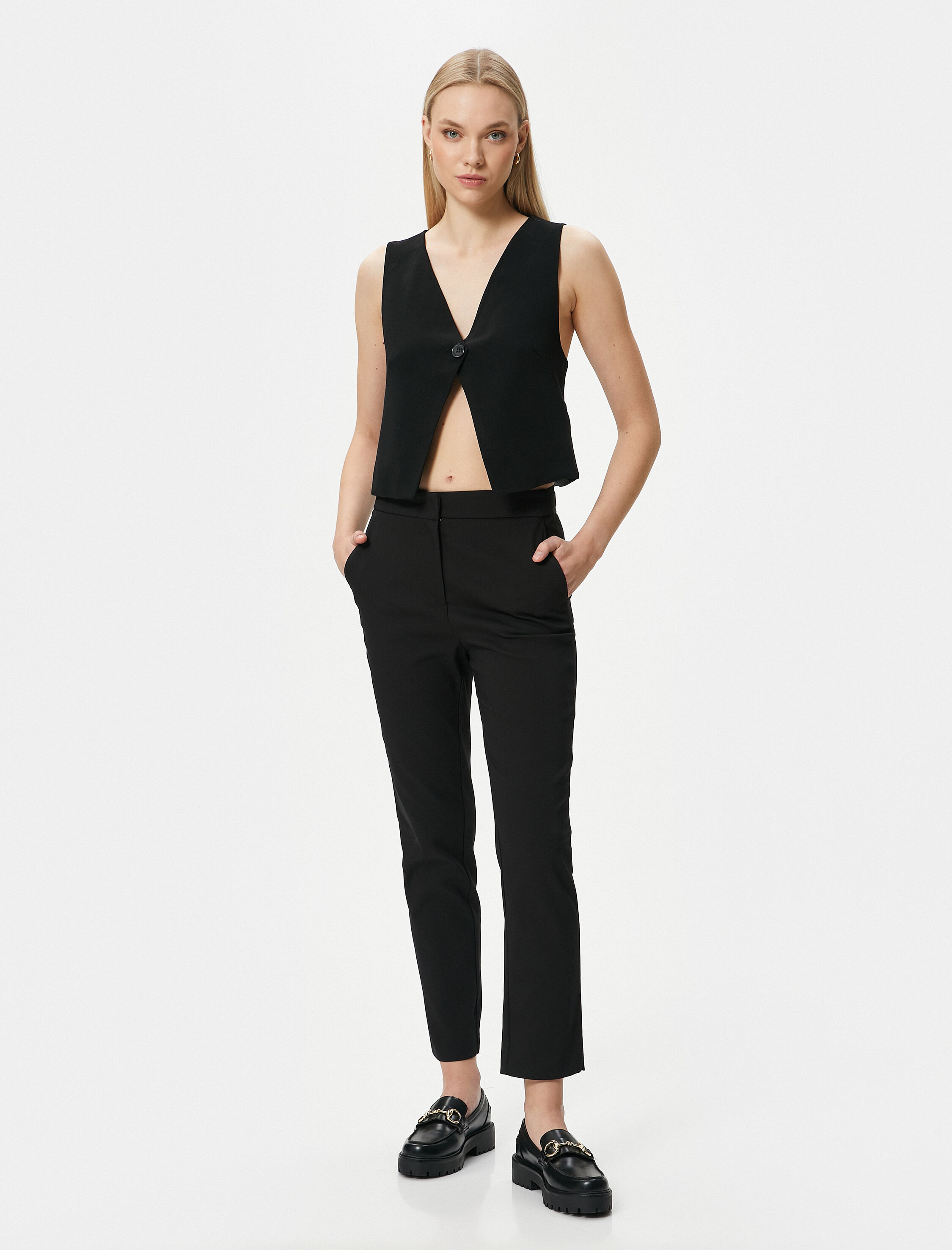   Kumaş Cigarette Pantolon Slim Fit Cep Detaylı Yüksek Bel