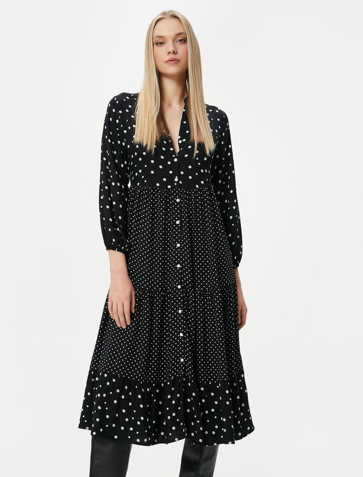  Midi Gömlek Elbise Puantiyeli Düğmeli Uzun Kollu