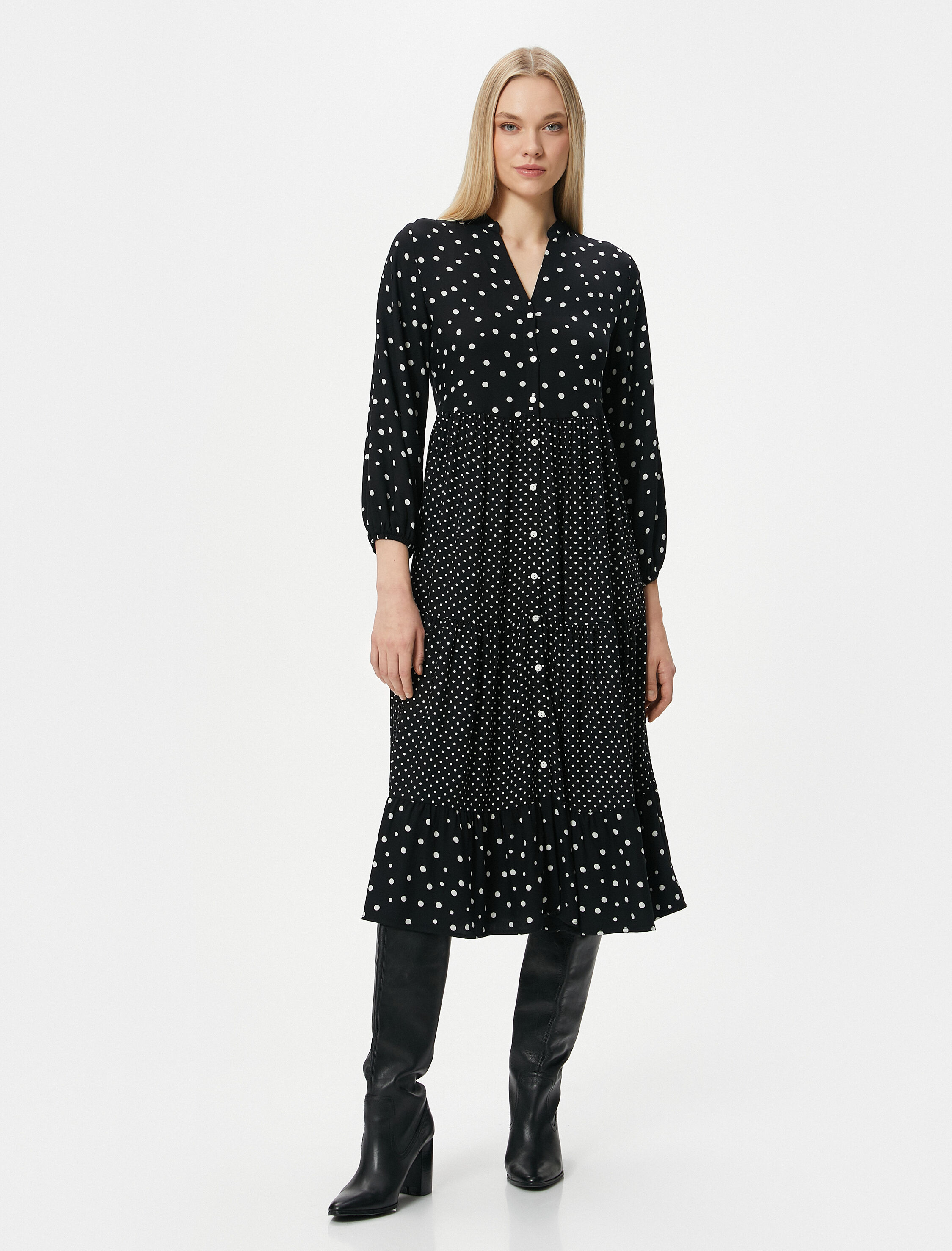   Midi Gömlek Elbise Puantiyeli Düğmeli Uzun Kollu