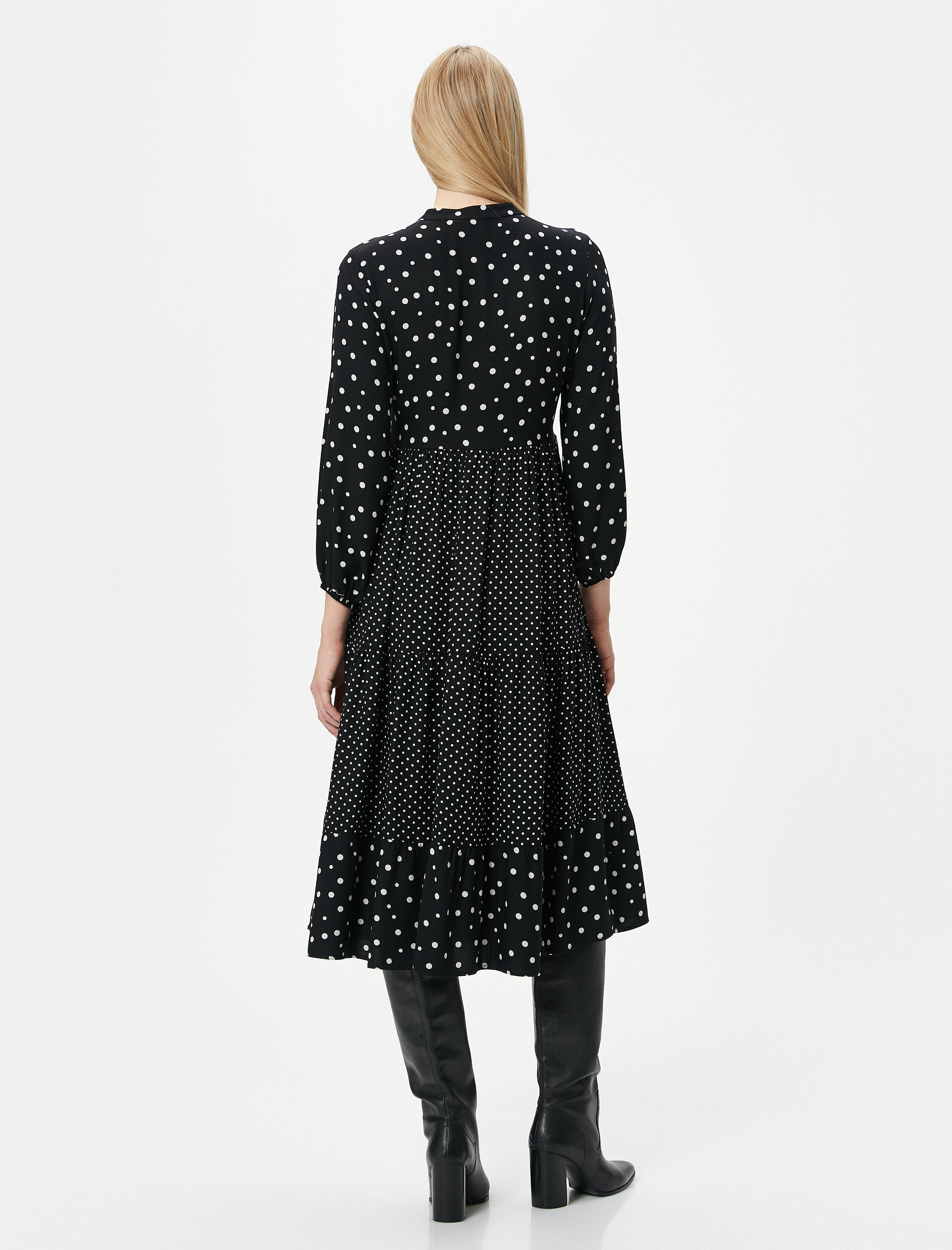   Midi Gömlek Elbise Puantiyeli Düğmeli Uzun Kollu