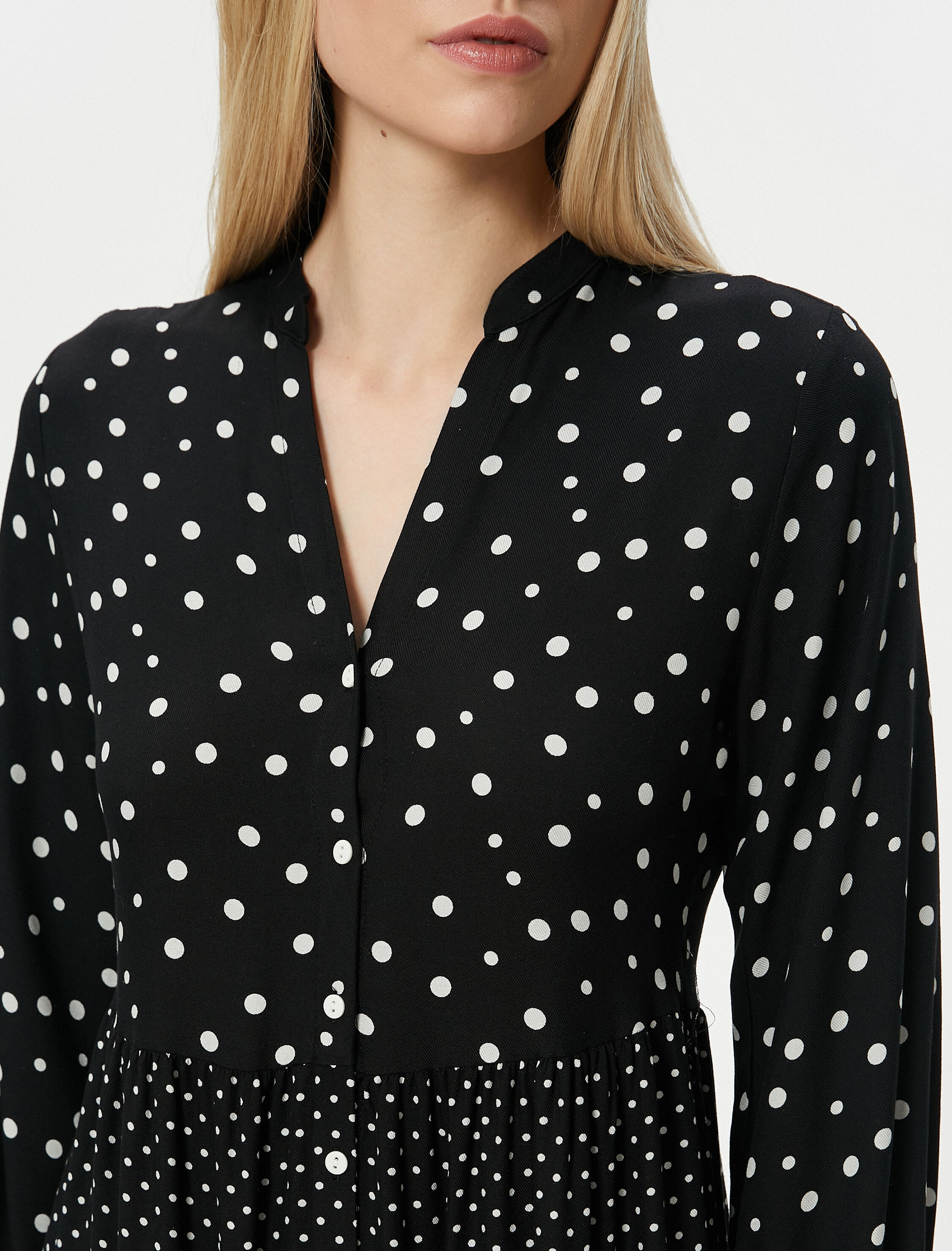   Midi Gömlek Elbise Puantiyeli Düğmeli Uzun Kollu