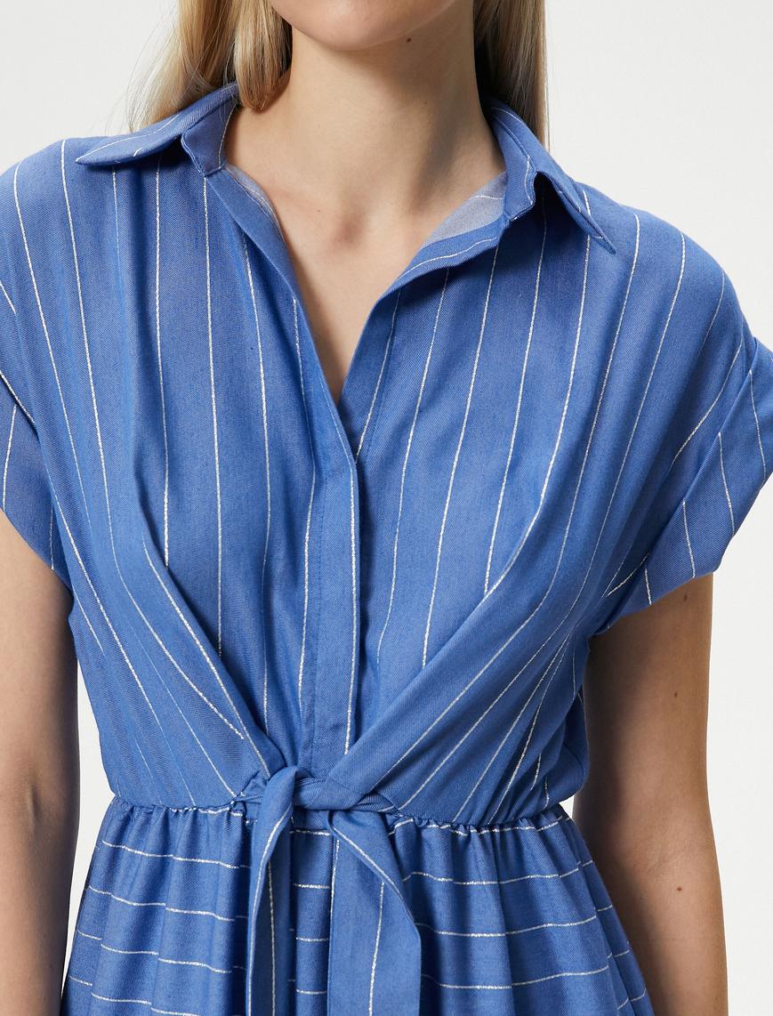   Midi Gömlek Elbise Bağlama Detaylı Kısa Kollu