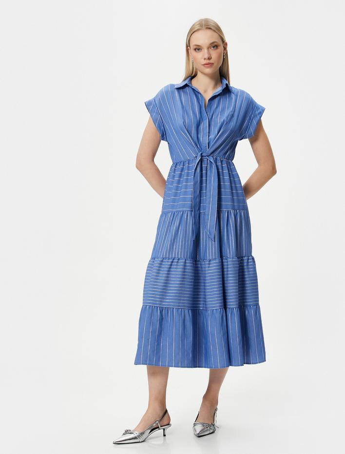  Midi Gömlek Elbise Bağlama Detaylı Kısa Kollu