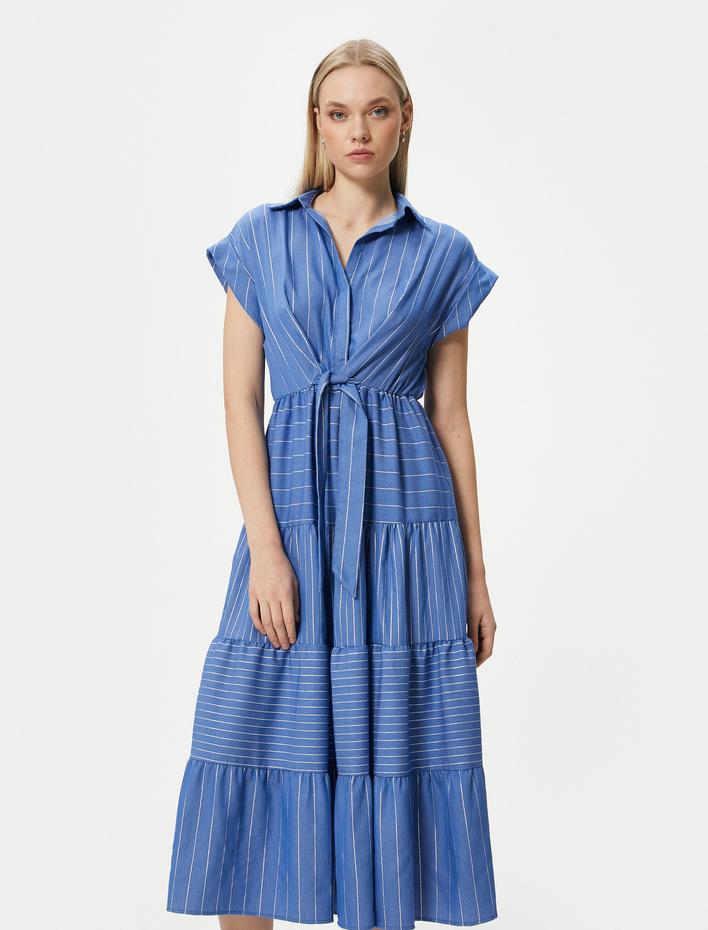  Midi Gömlek Elbise Bağlama Detaylı Kısa Kollu