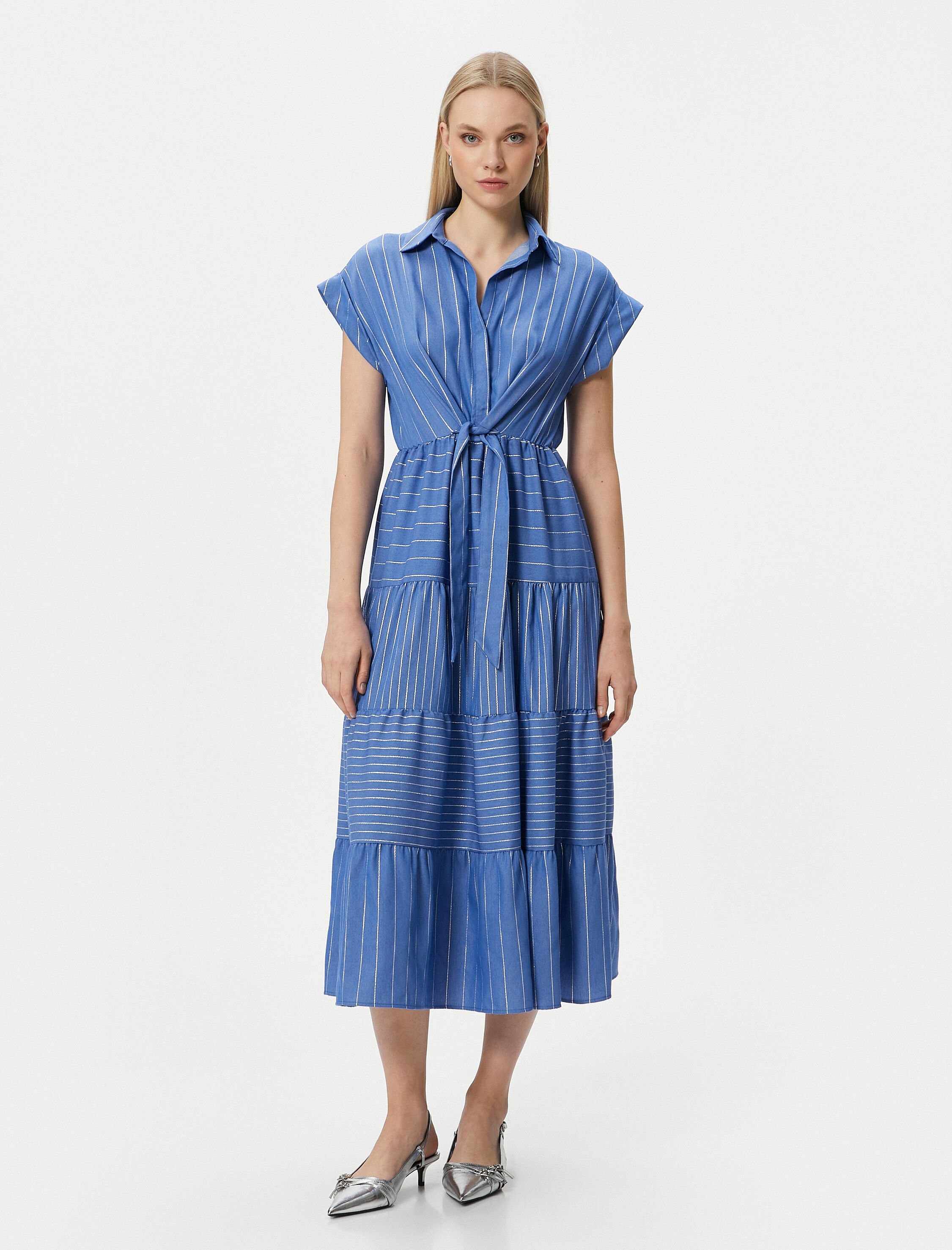 Midi Gömlek Elbise Bağlama Detaylı Kısa Kollu