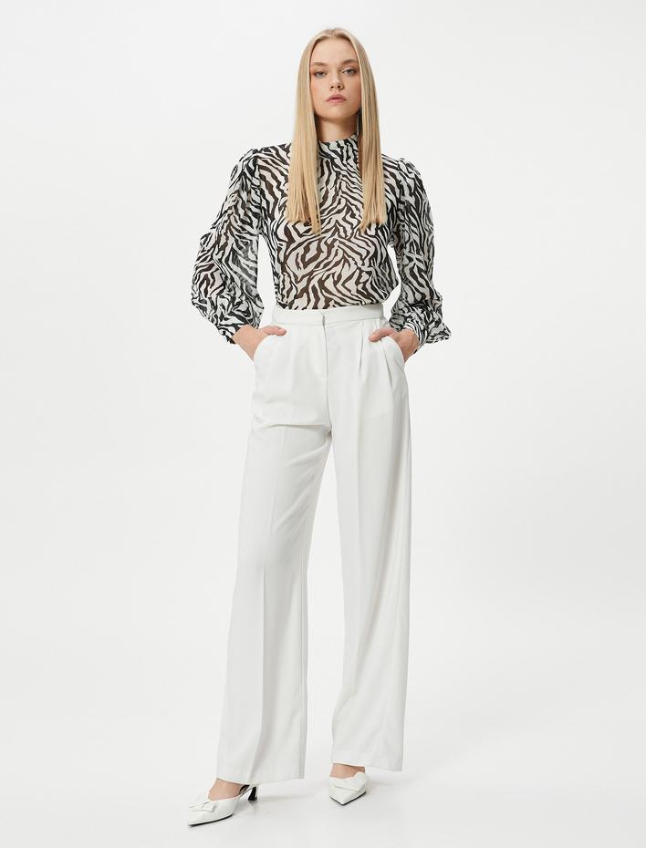  Şifon Bluz Leopar Desenli Dik Yaka Balon Kollu