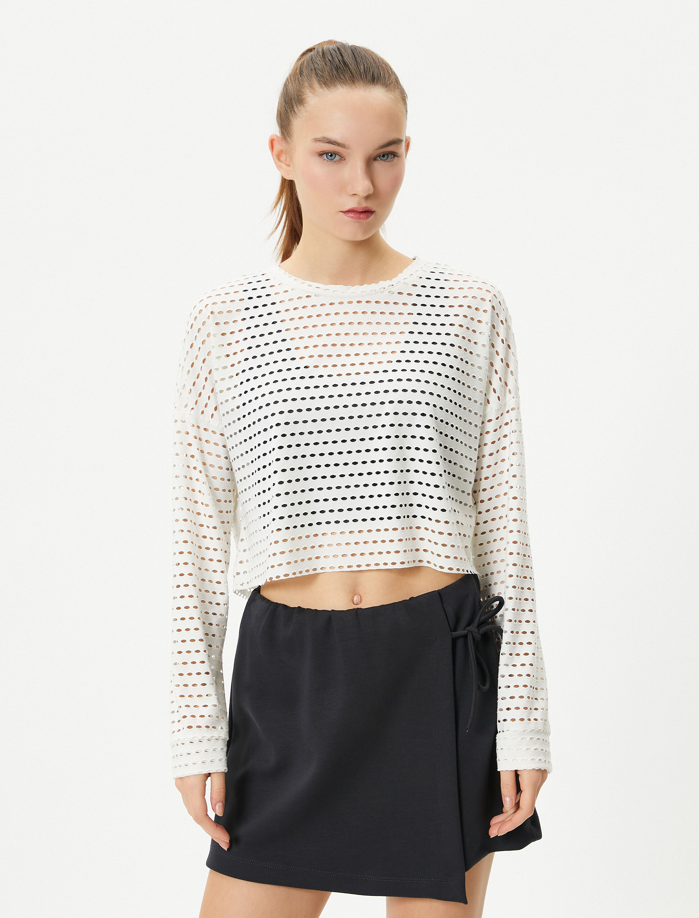   Crop File Tişört Spor Uzun Kollu Bisiklet Yaka