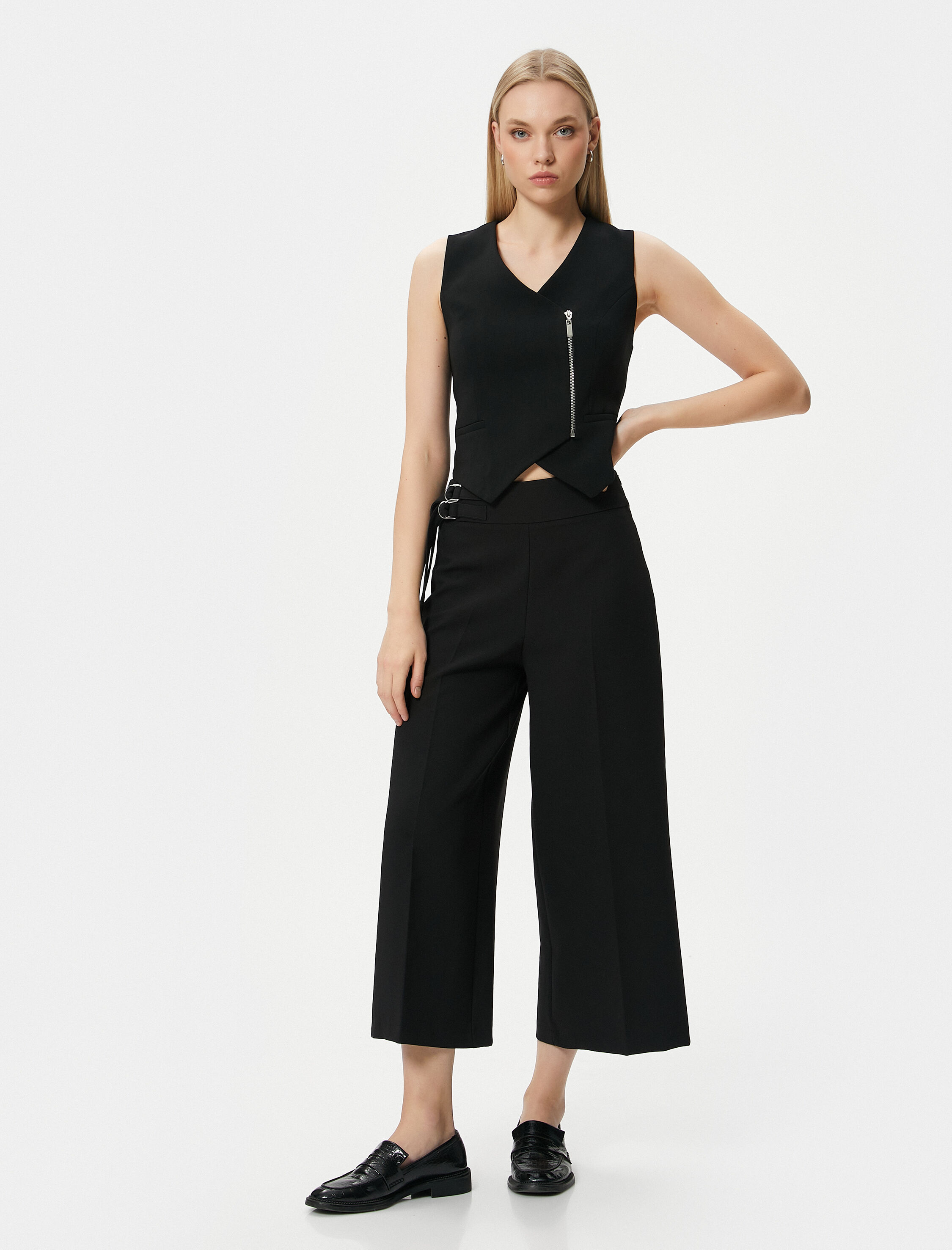   Culotte Pantolon İspanyol Paça Metal Aksesuarlı Yüksek Bel