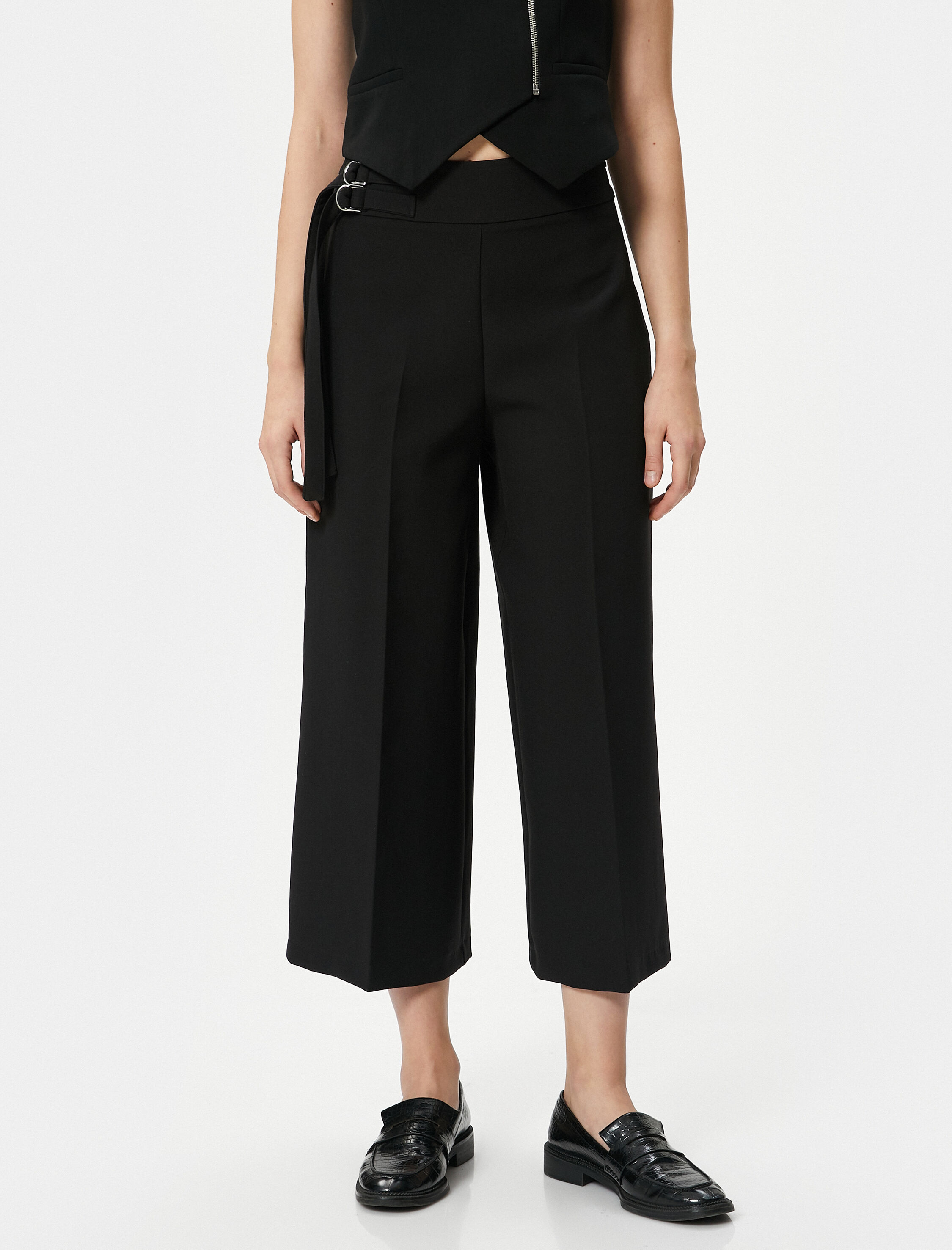   Culotte Pantolon İspanyol Paça Metal Aksesuarlı Yüksek Bel