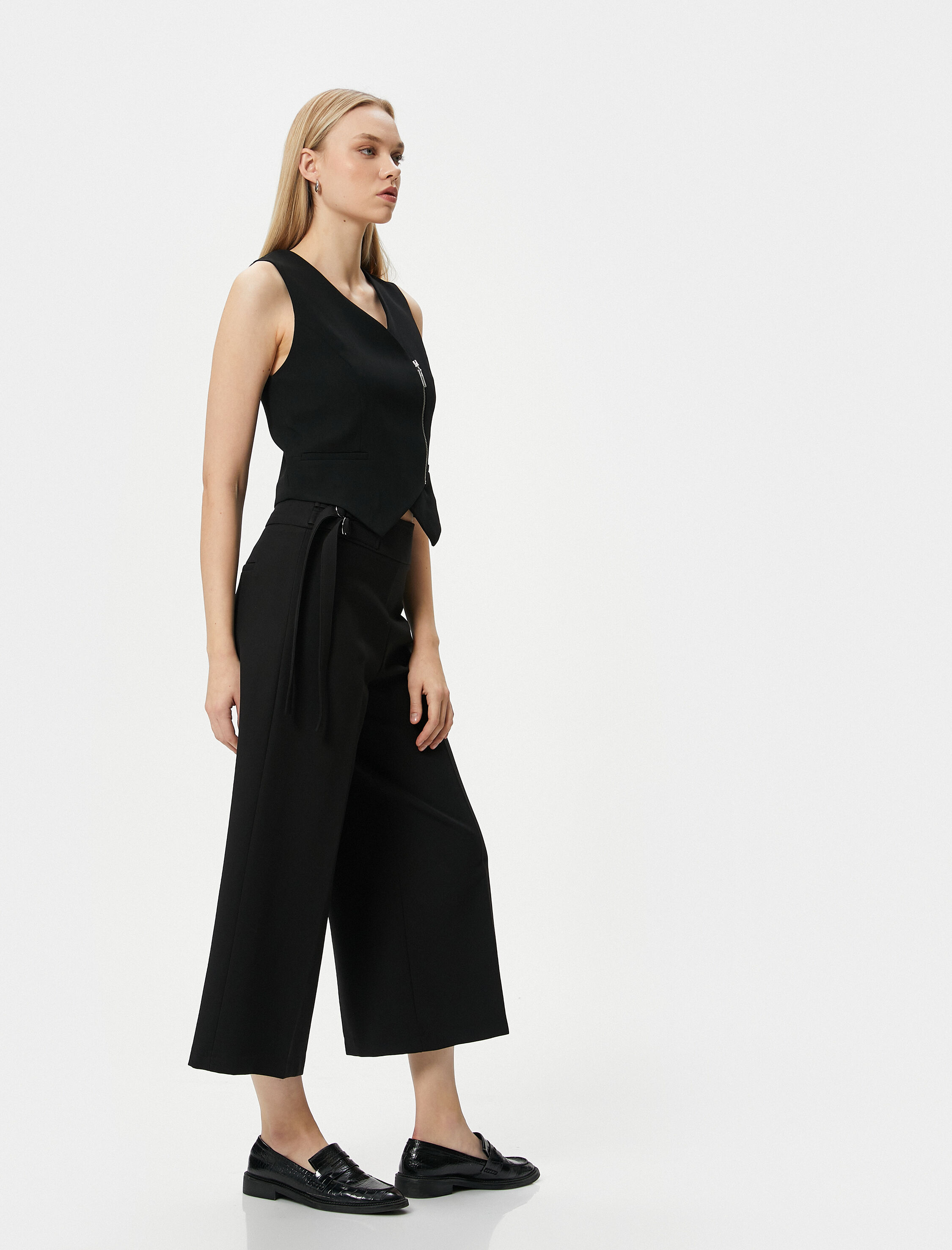   Culotte Pantolon İspanyol Paça Metal Aksesuarlı Yüksek Bel