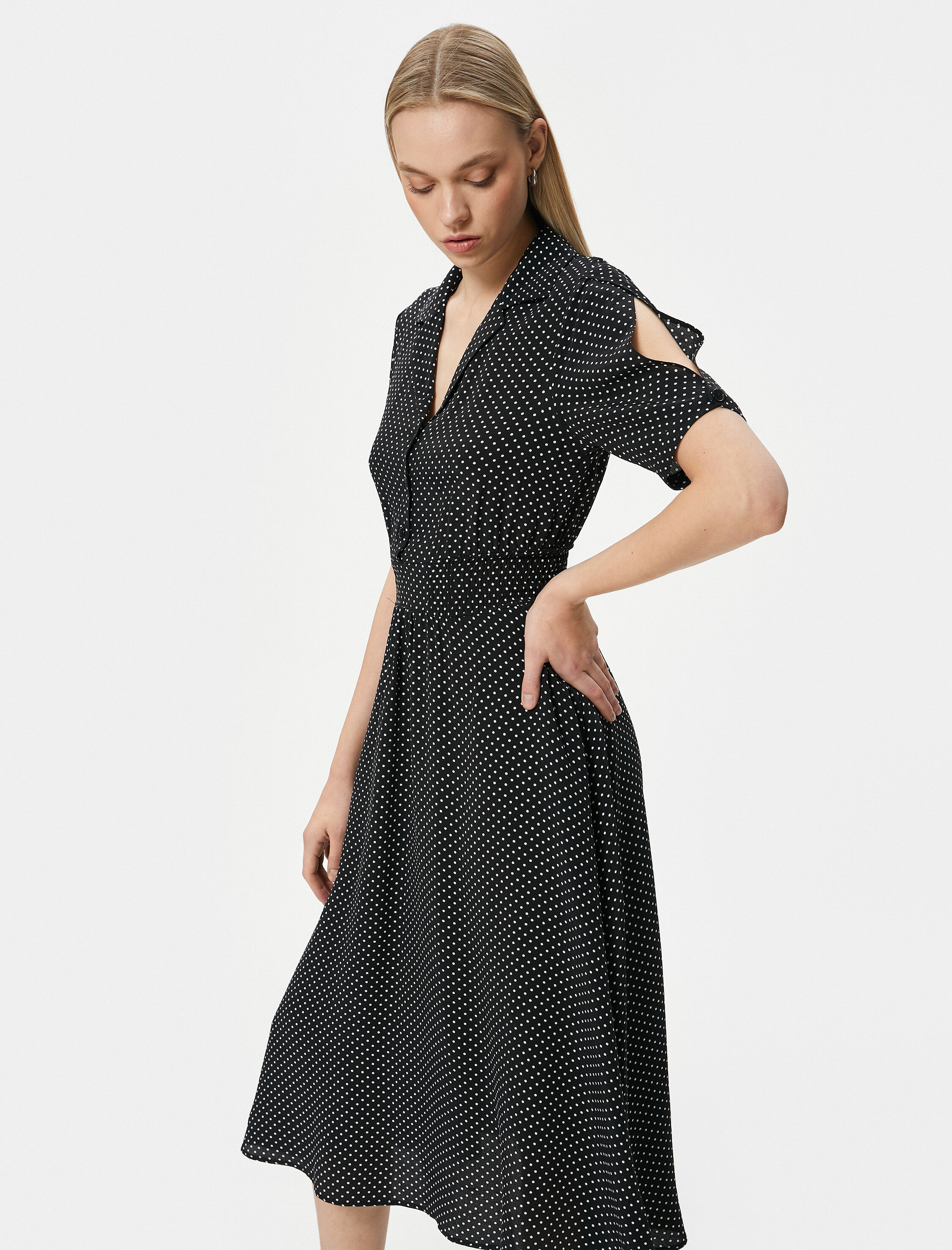   Midi Boy Gömlek Elbise Viskon Puantiyeli Düğmeli Balon Kollu