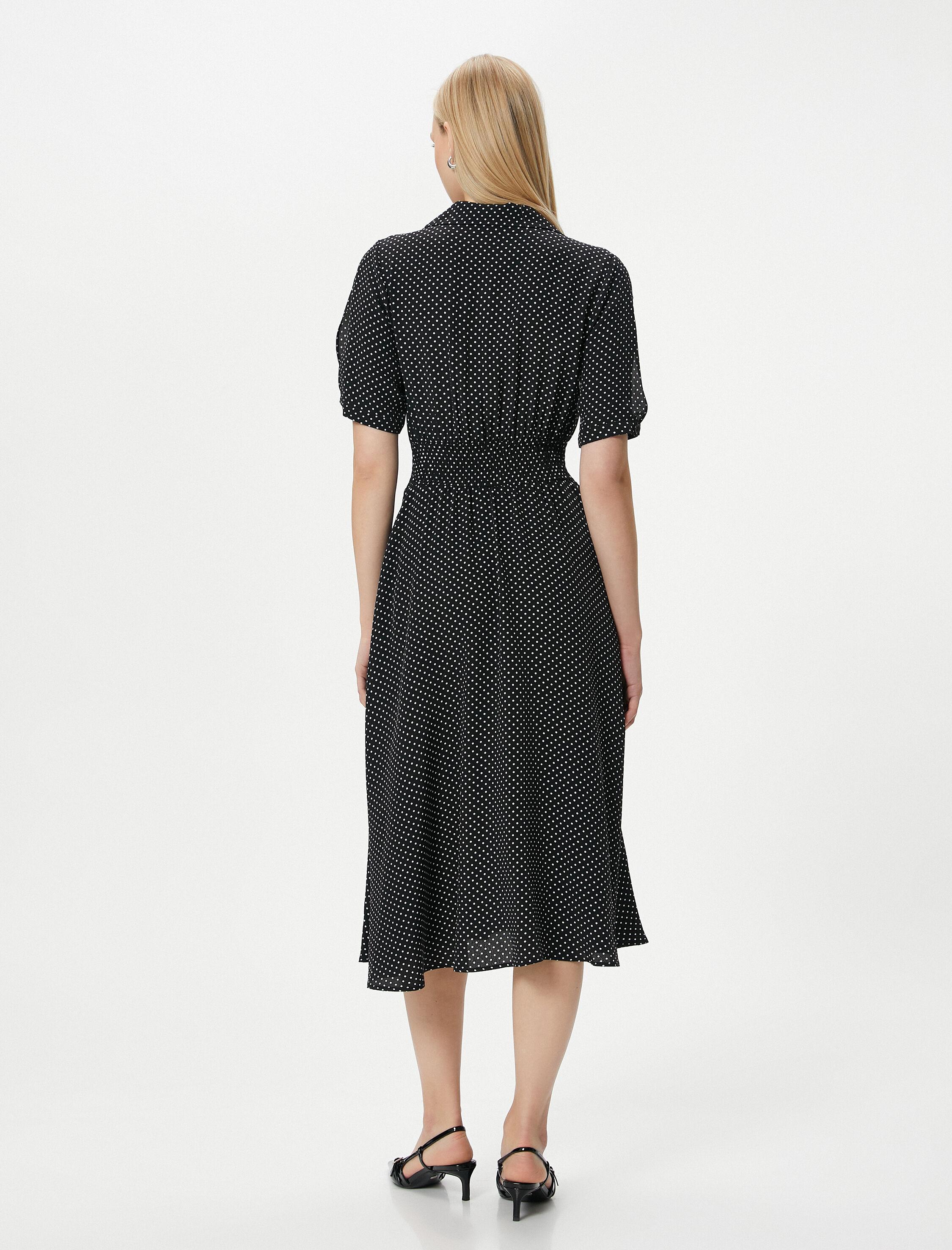   Midi Boy Gömlek Elbise Viskon Puantiyeli Düğmeli Balon Kollu