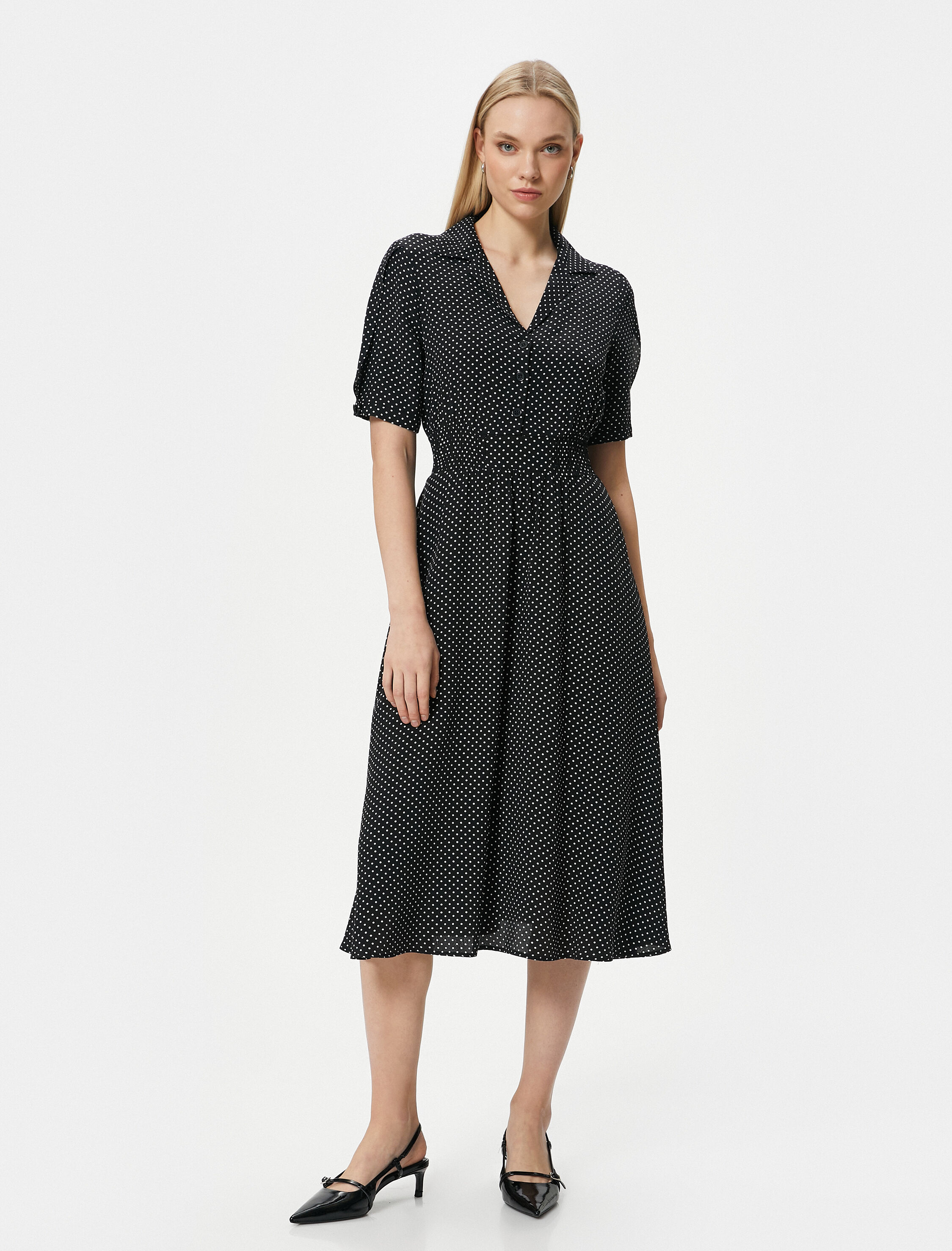   Midi Boy Gömlek Elbise Viskon Puantiyeli Düğmeli Balon Kollu