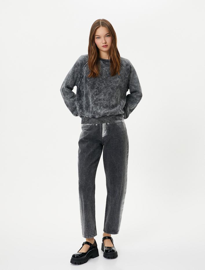  Şardonlu Soluk Efektli Sweatshirt Rahat Kalıp Uzun Kollu Bisiklet Yaka Pamuk Karışımlı