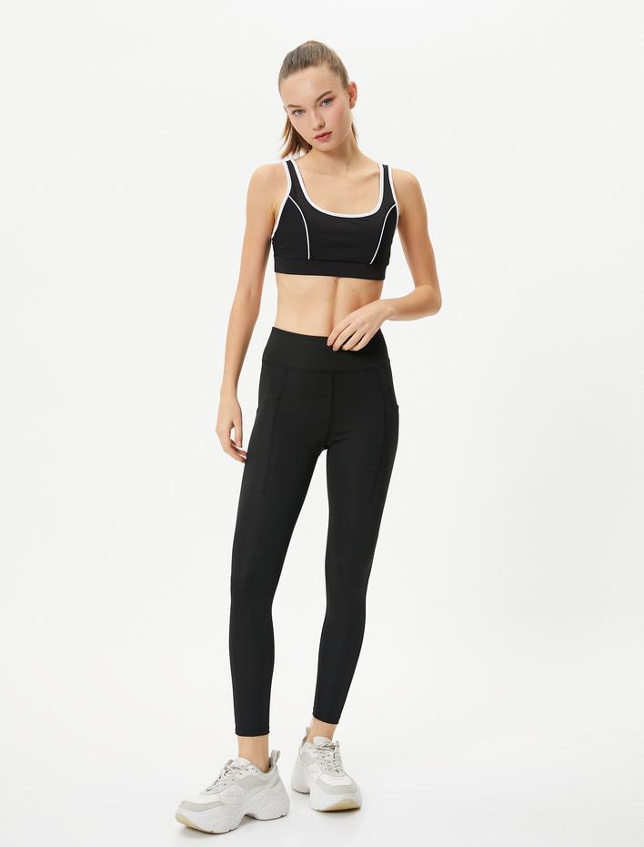  Tül Detaylı Spor Tayt Yüksek Bel Aplike Cepli Dar Kalıp