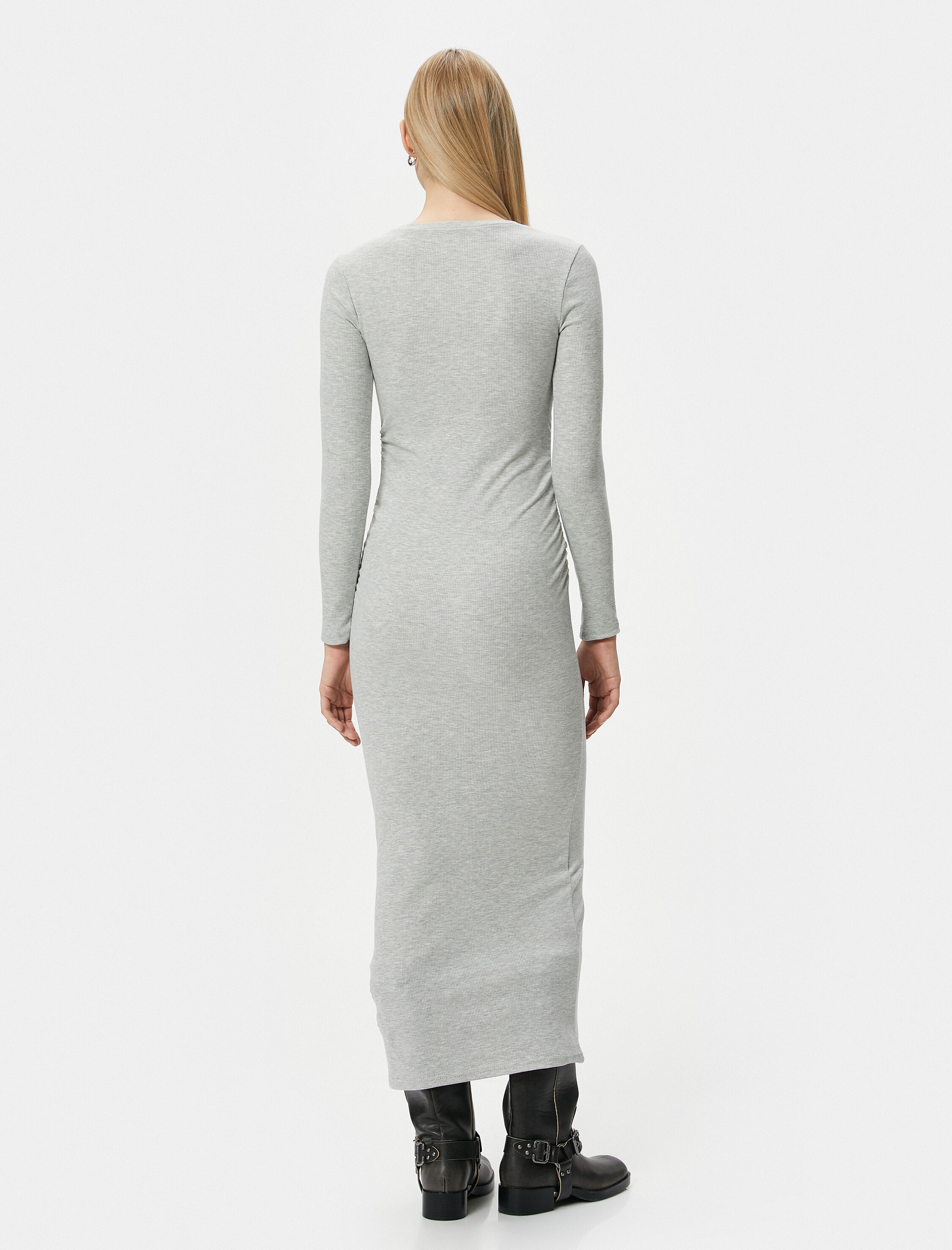   Midi Elbise Bisiklet Yaka Uzun Kollu Slim Fit