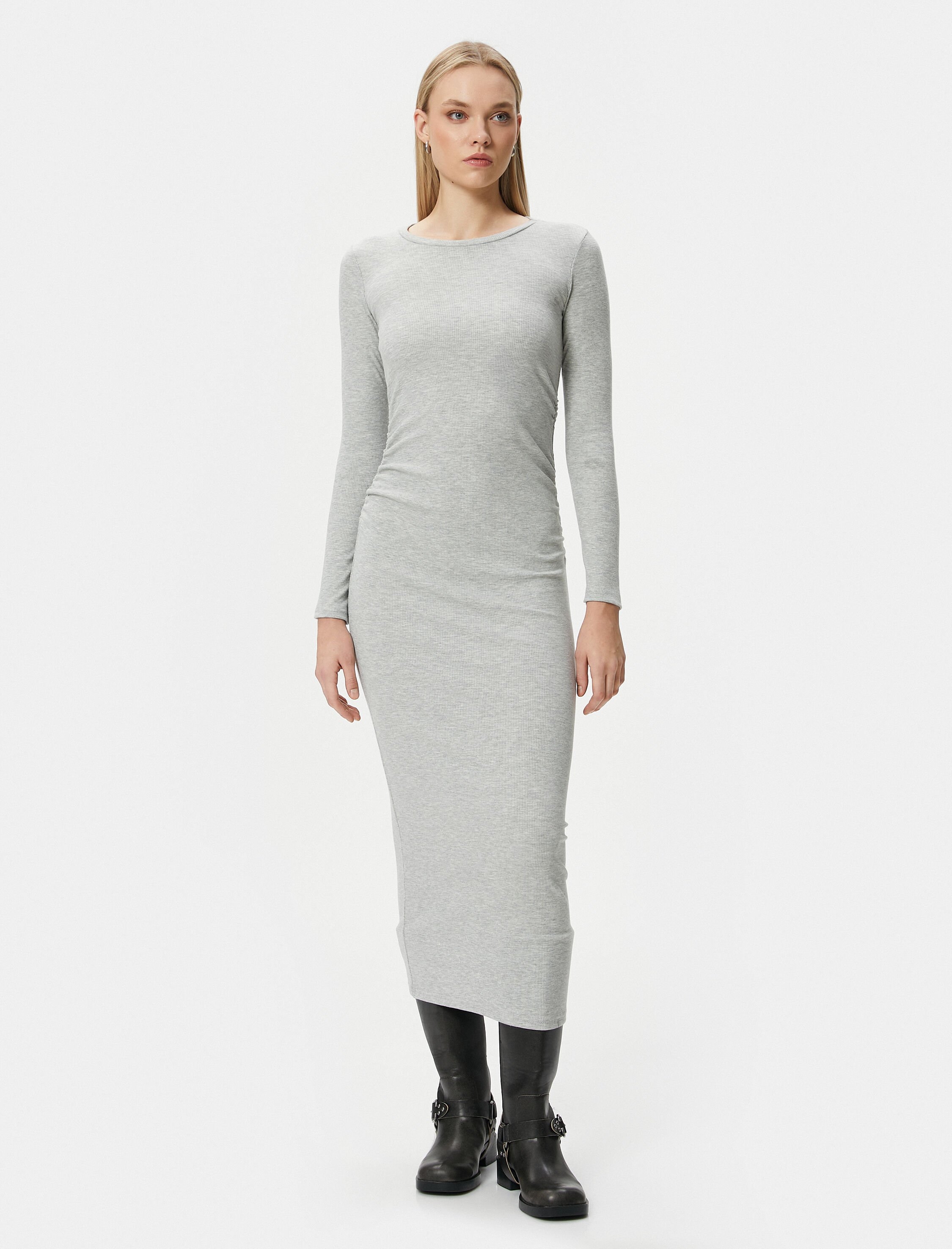   Midi Elbise Bisiklet Yaka Uzun Kollu Slim Fit