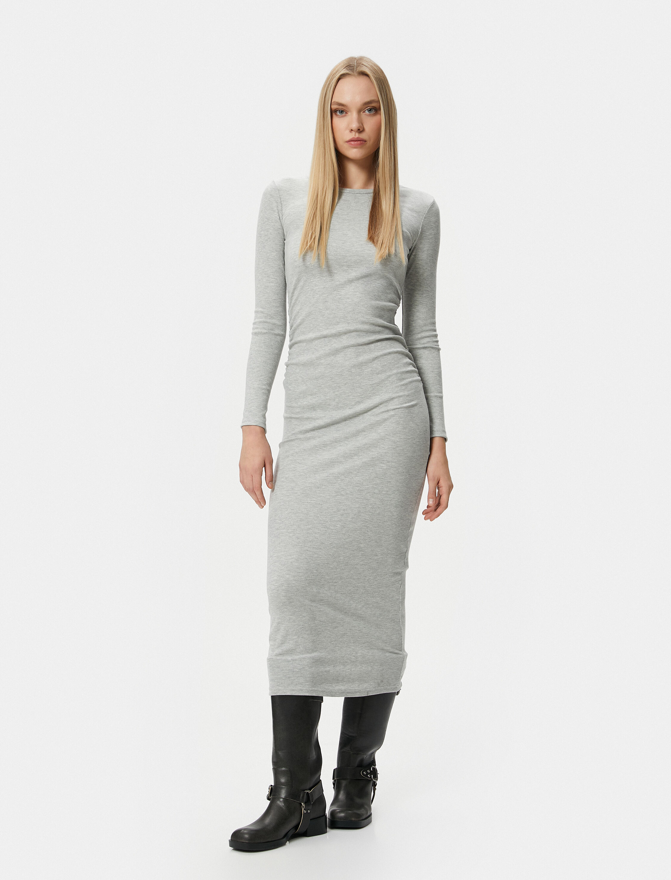   Midi Elbise Bisiklet Yaka Uzun Kollu Slim Fit