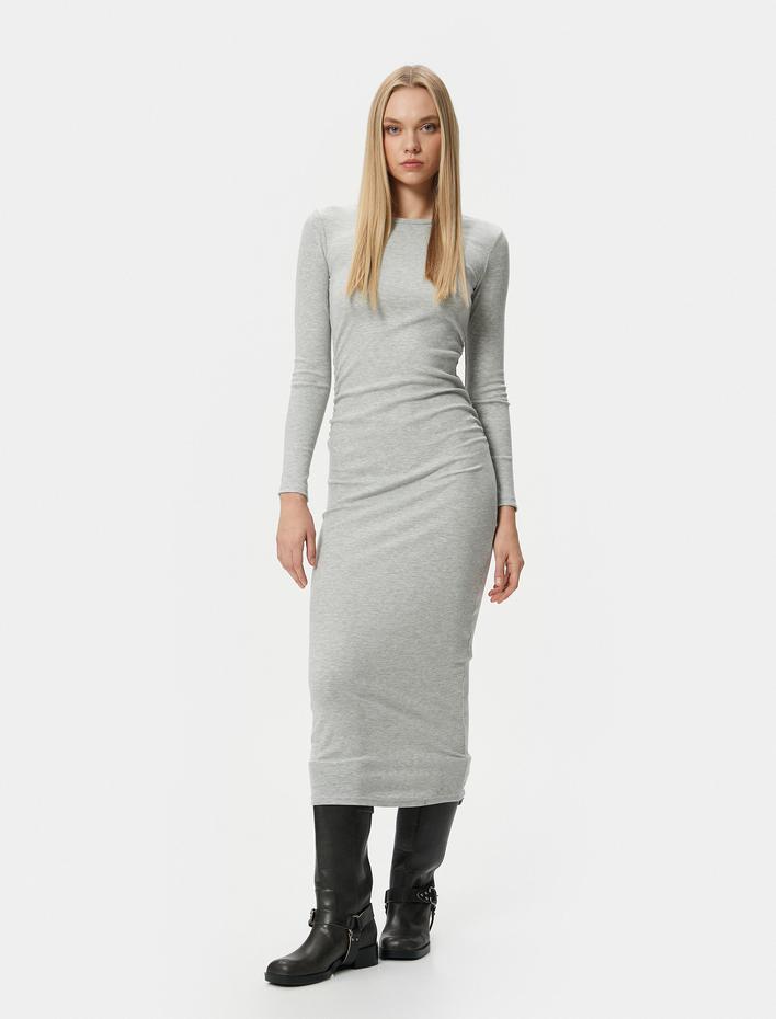  Midi Elbise Bisiklet Yaka Uzun Kollu Slim Fit