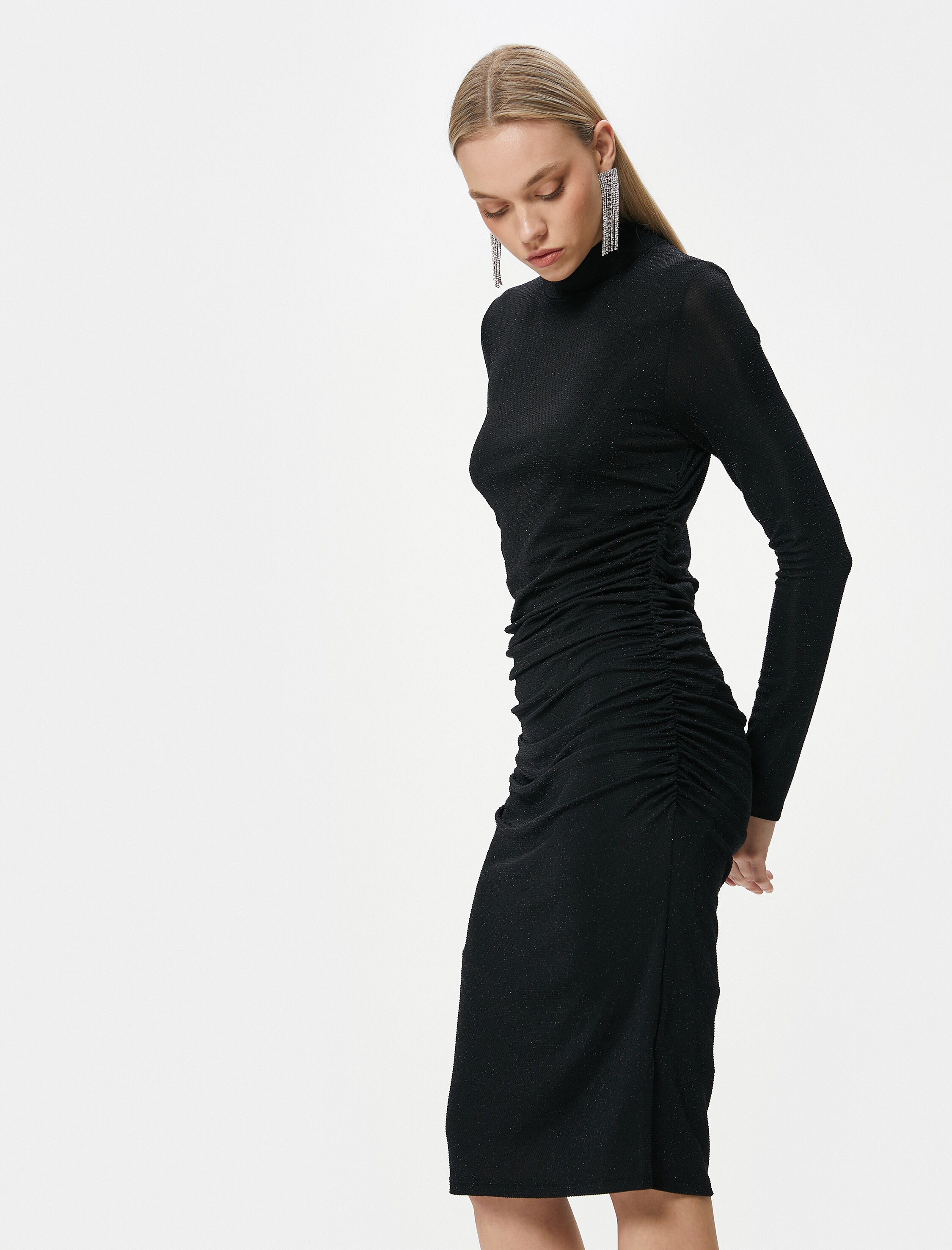   Midi Elbise Işıltılı Drapeli Uzun Kollu Dik Yaka