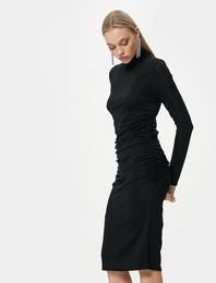 Midi Elbise Işıltılı Drapeli Uzun Kollu Dik Yaka