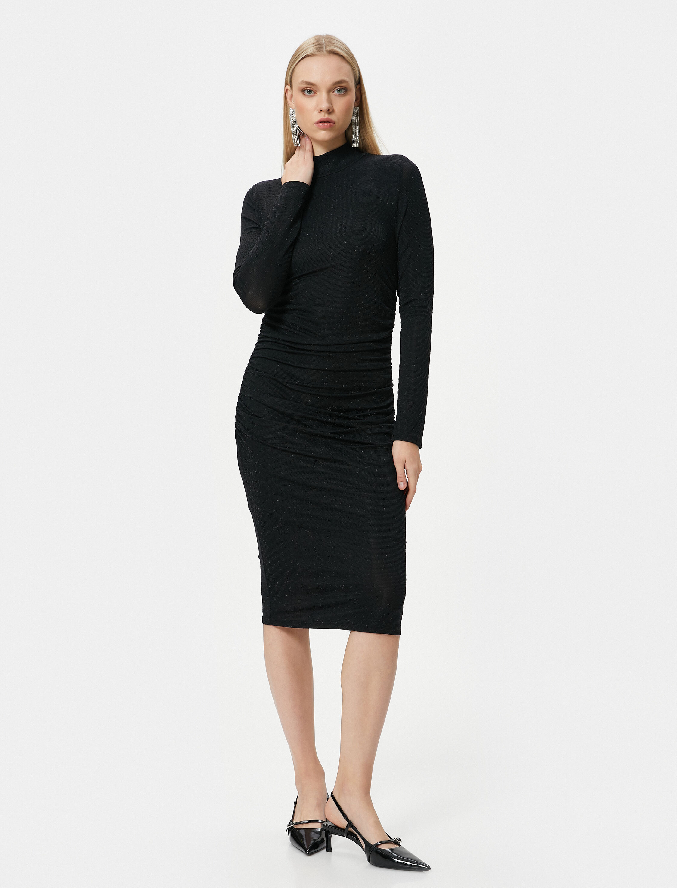   Midi Elbise Işıltılı Drapeli Uzun Kollu Dik Yaka