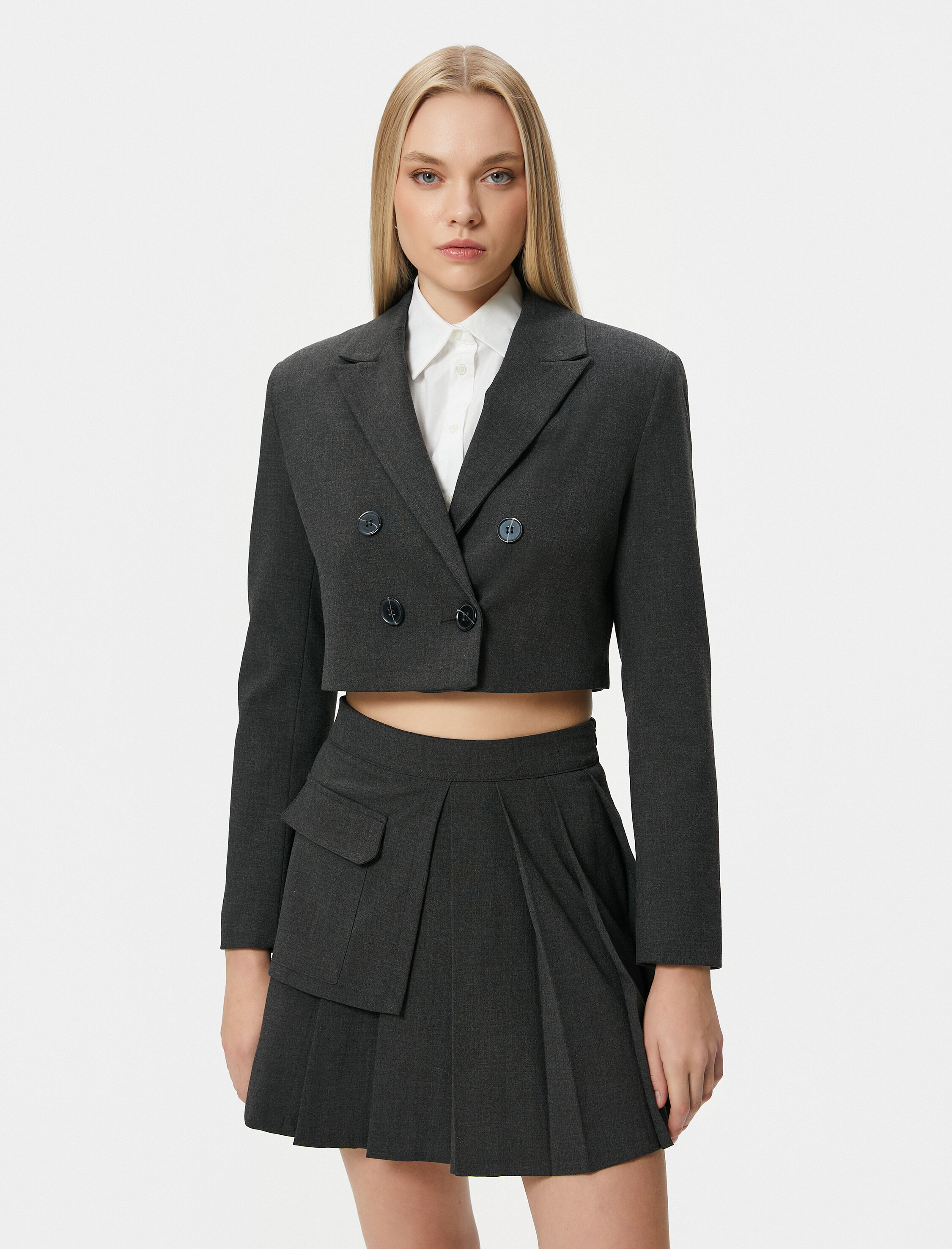   Crop Blazer Ceket Kruvaze Düğmeli