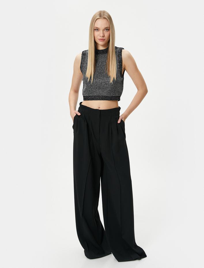  Metalik Crop Triko Üst Simli Bisiklet Yaka