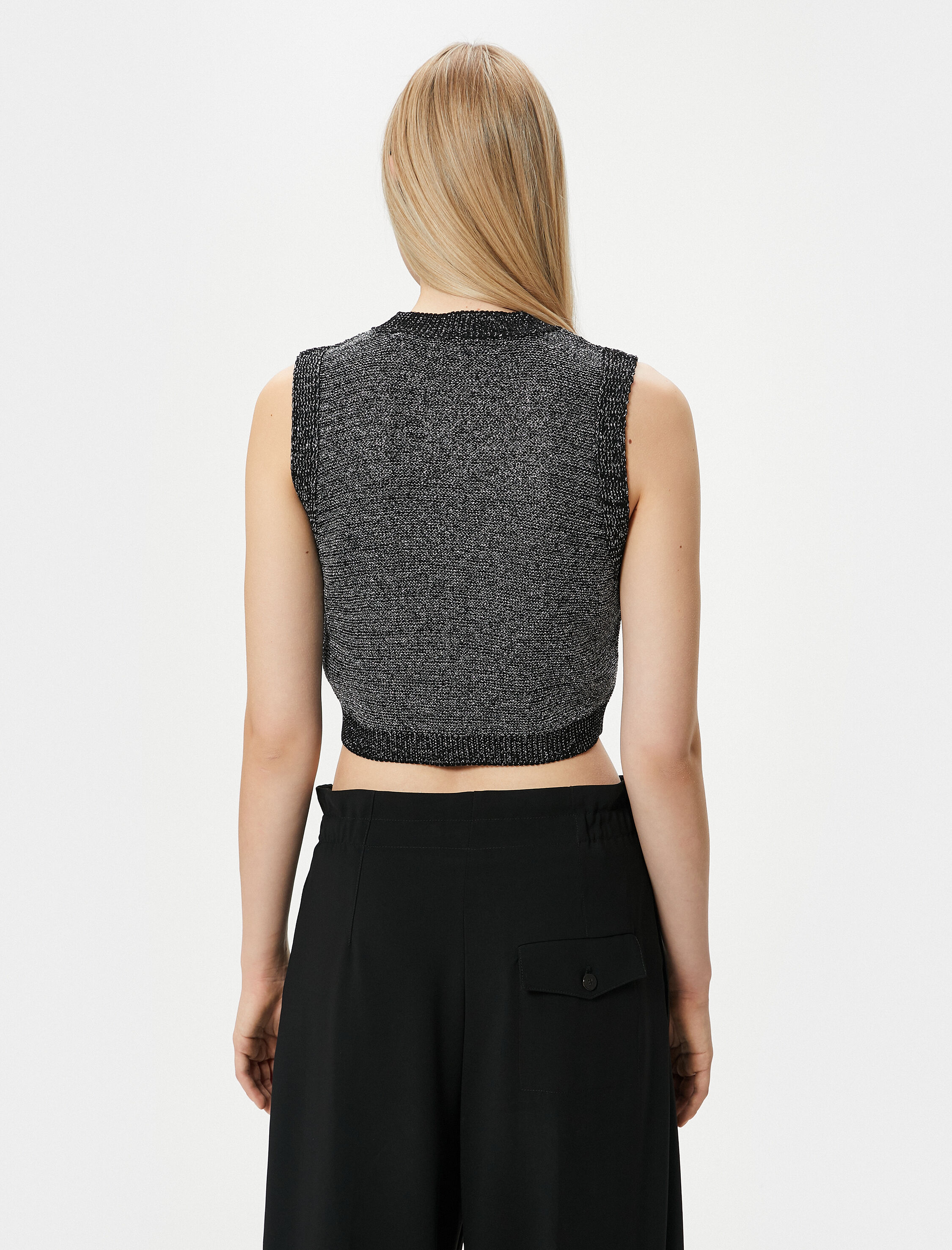   Metalik Crop Triko Üst Simli Bisiklet Yaka