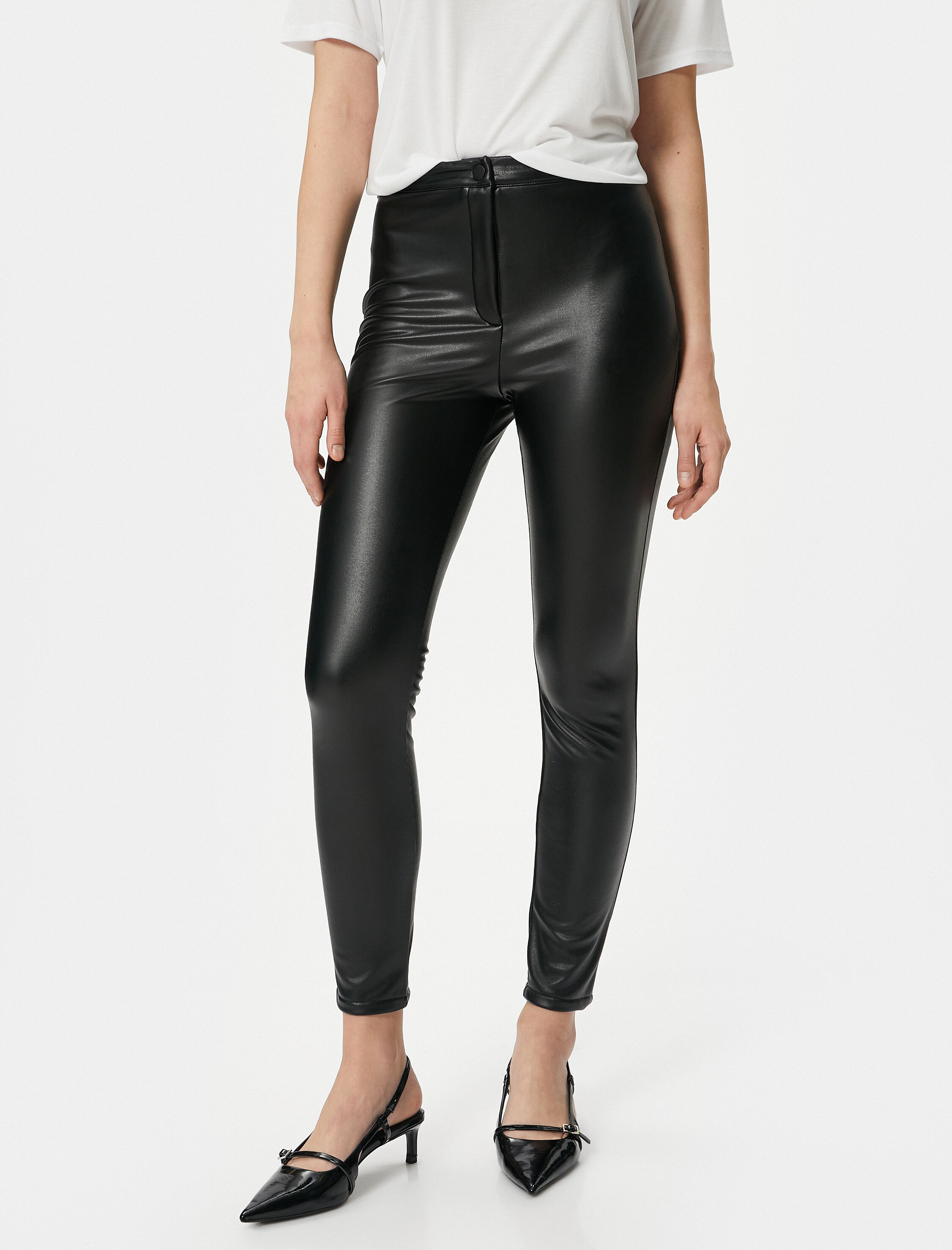   Deri Görünümlü Pantolon Dar Paça Dar Kesim Yüksek Bel