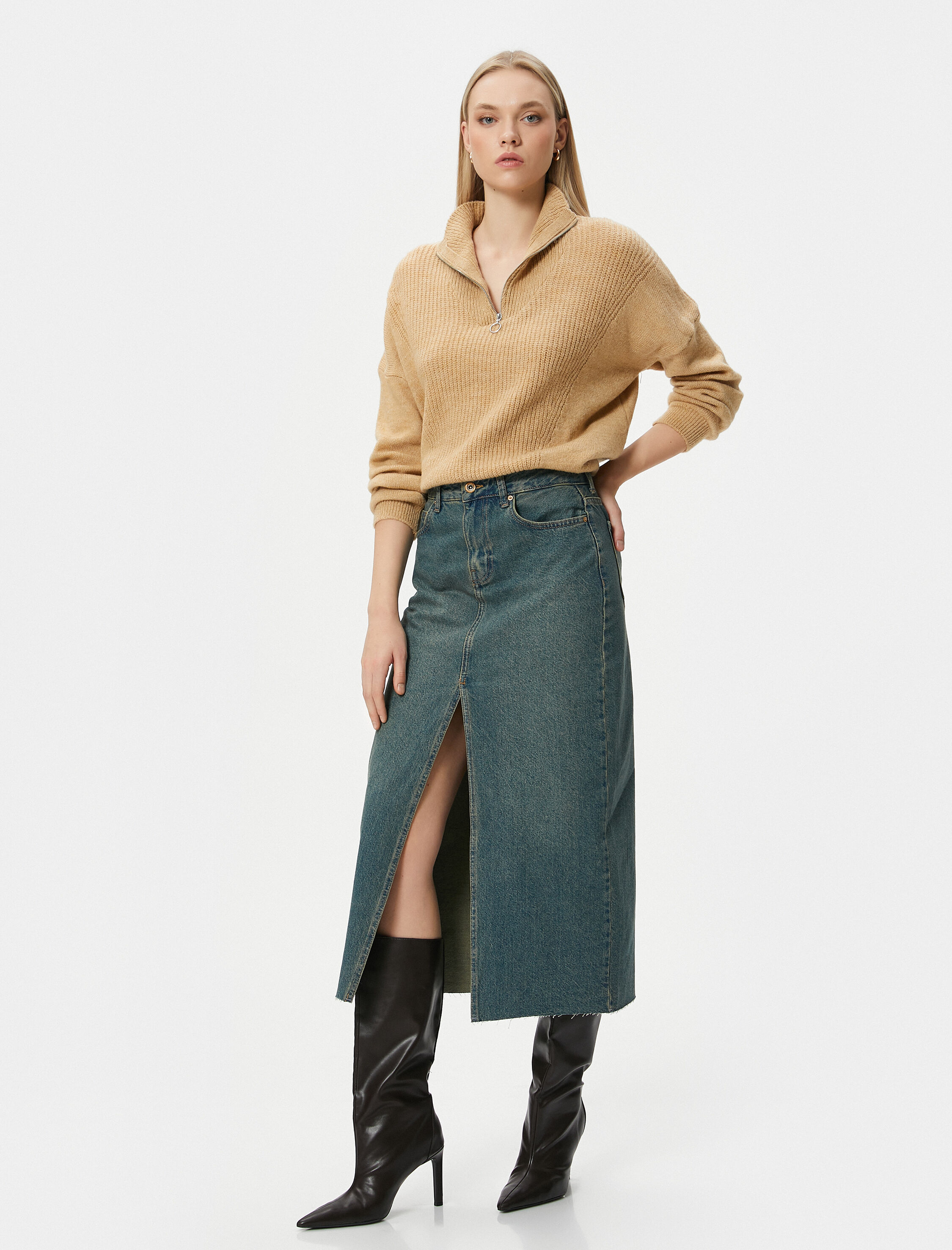   Uzun Kot Etek Yüksek Bel Önden Yırtmaçlı Pamuklu Cepli Rahat Kalıp