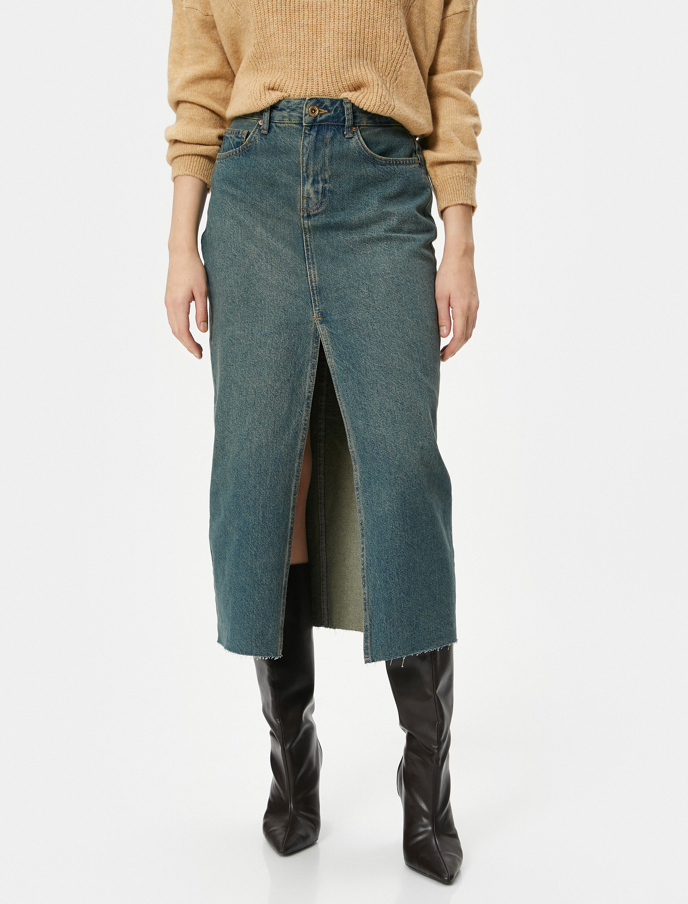   Uzun Kot Etek Yüksek Bel Önden Yırtmaçlı Pamuklu Cepli Rahat Kalıp