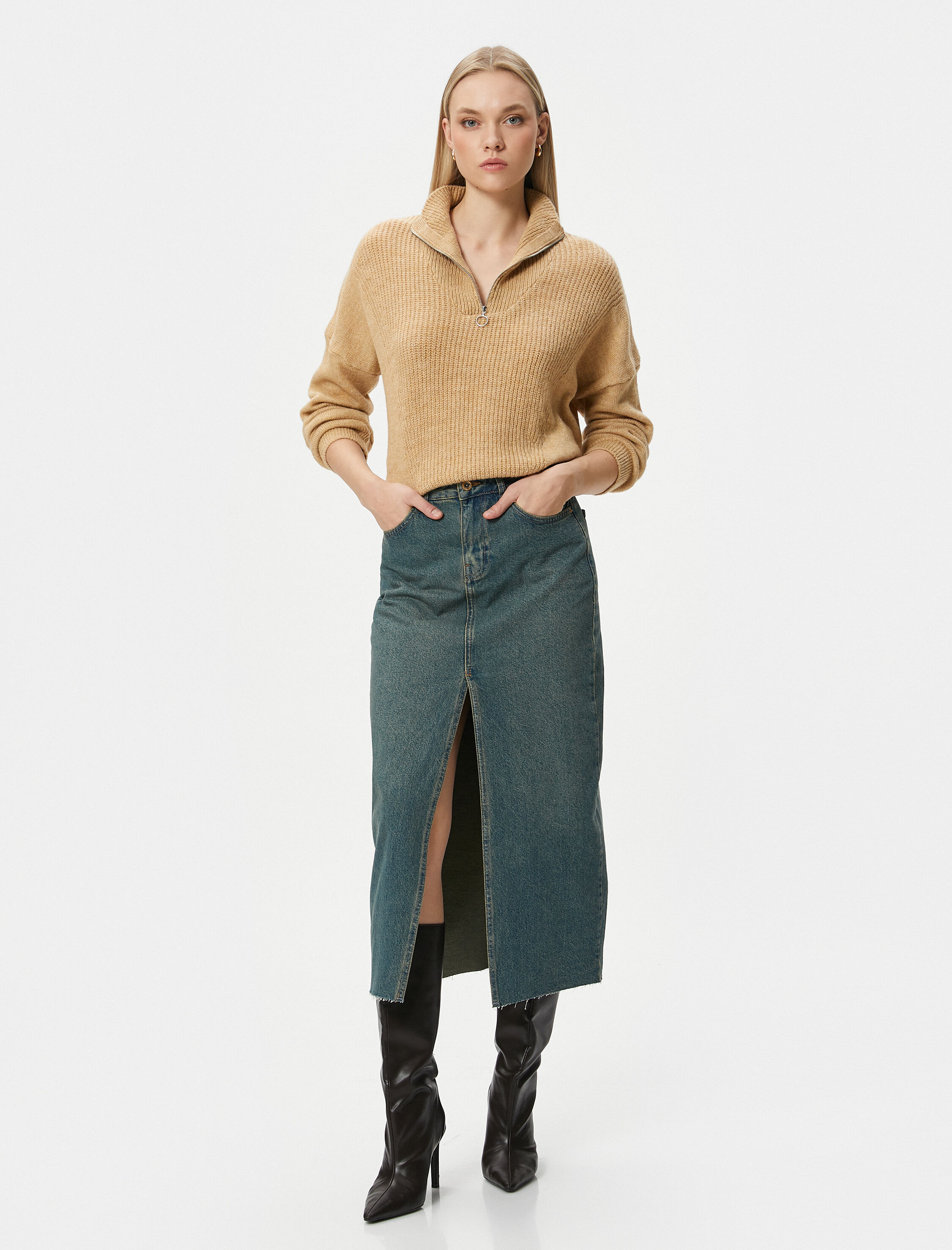   Uzun Kot Etek Yüksek Bel Önden Yırtmaçlı Pamuklu Cepli Rahat Kalıp