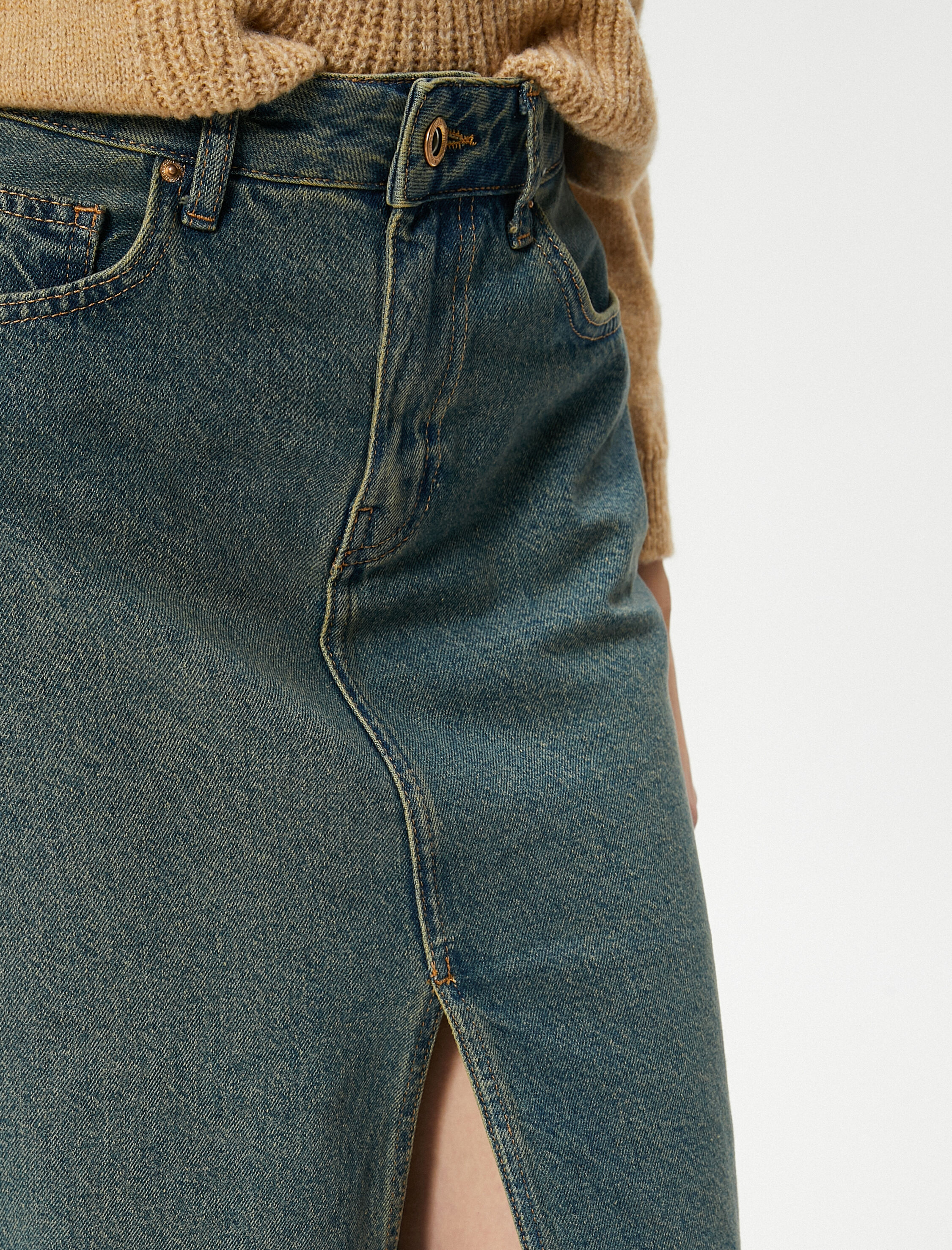   Uzun Kot Etek Yüksek Bel Önden Yırtmaçlı Pamuklu Cepli Rahat Kalıp