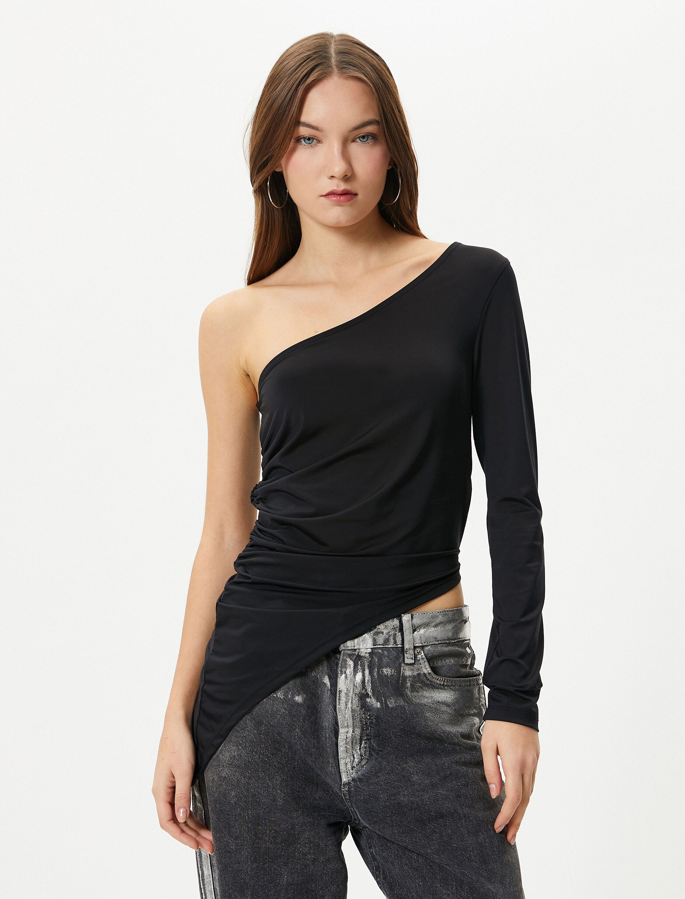 Tek Omuz Body Asimetrik Kesim Drape Detaylı Uzun Kollu