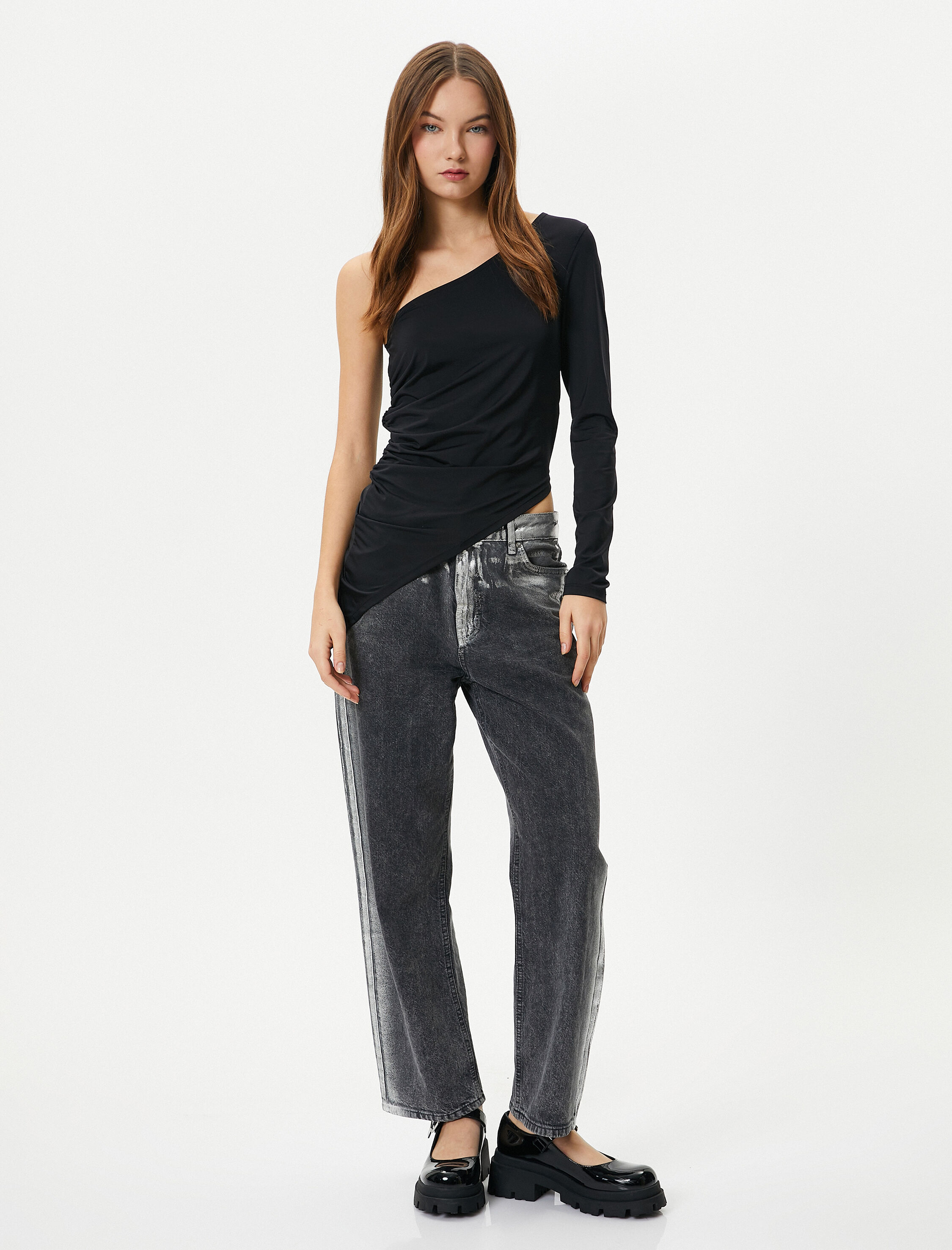Tek Omuz Body Asimetrik Kesim Drape Detaylı Uzun Kollu