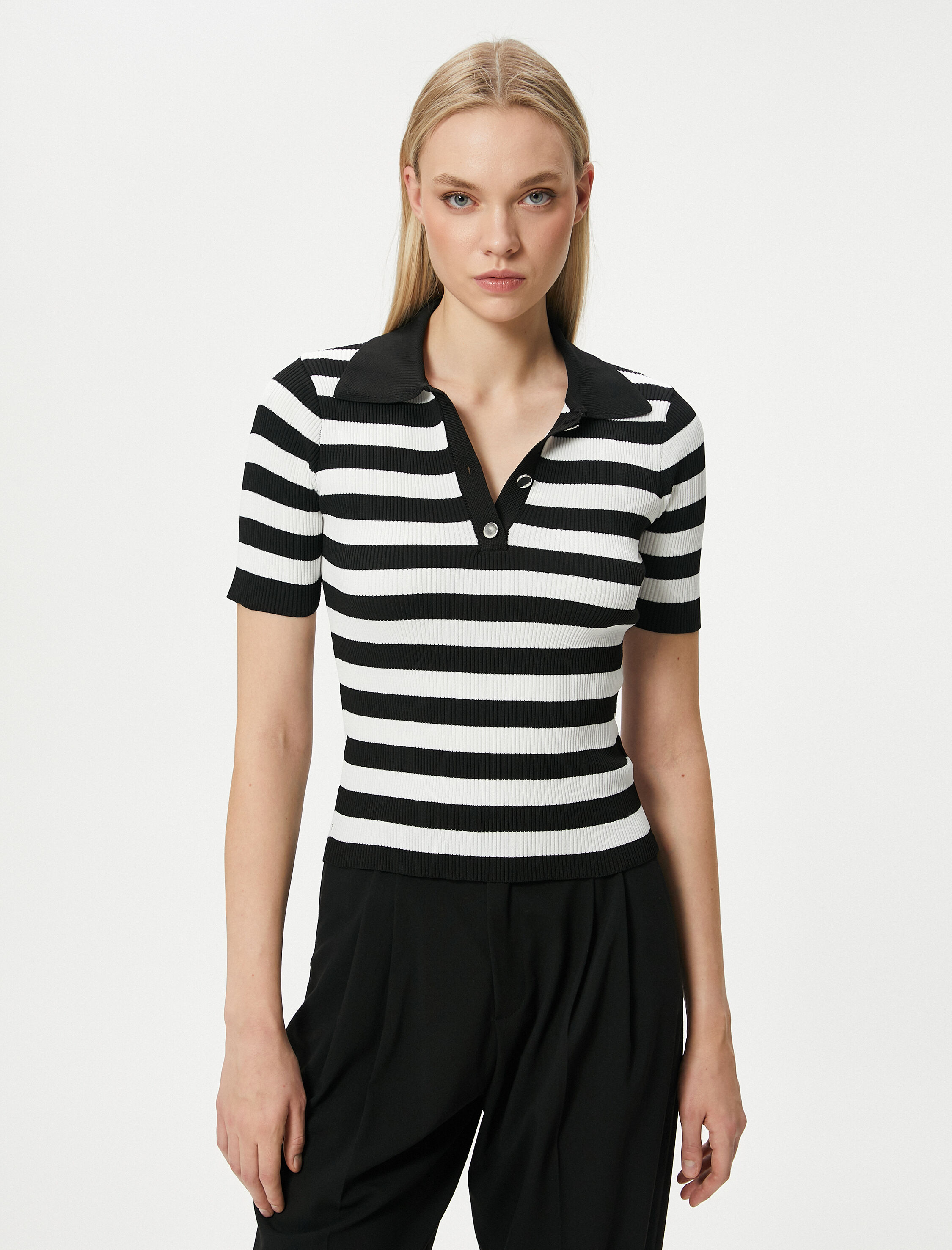   Triko Polo Yaka Kazak Fitilli Kısa Kollu Düğmeli